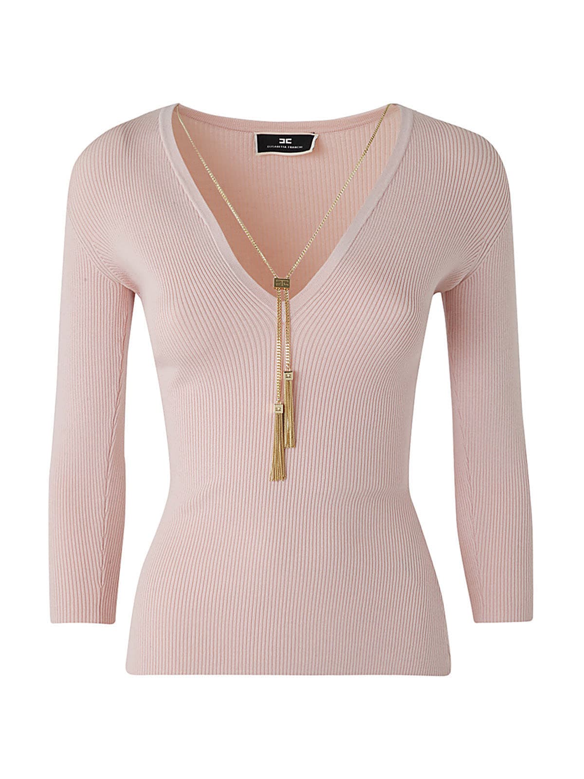 Elisabetta Franchi Ribbed V-neck Shirt With Chain In Porcelain