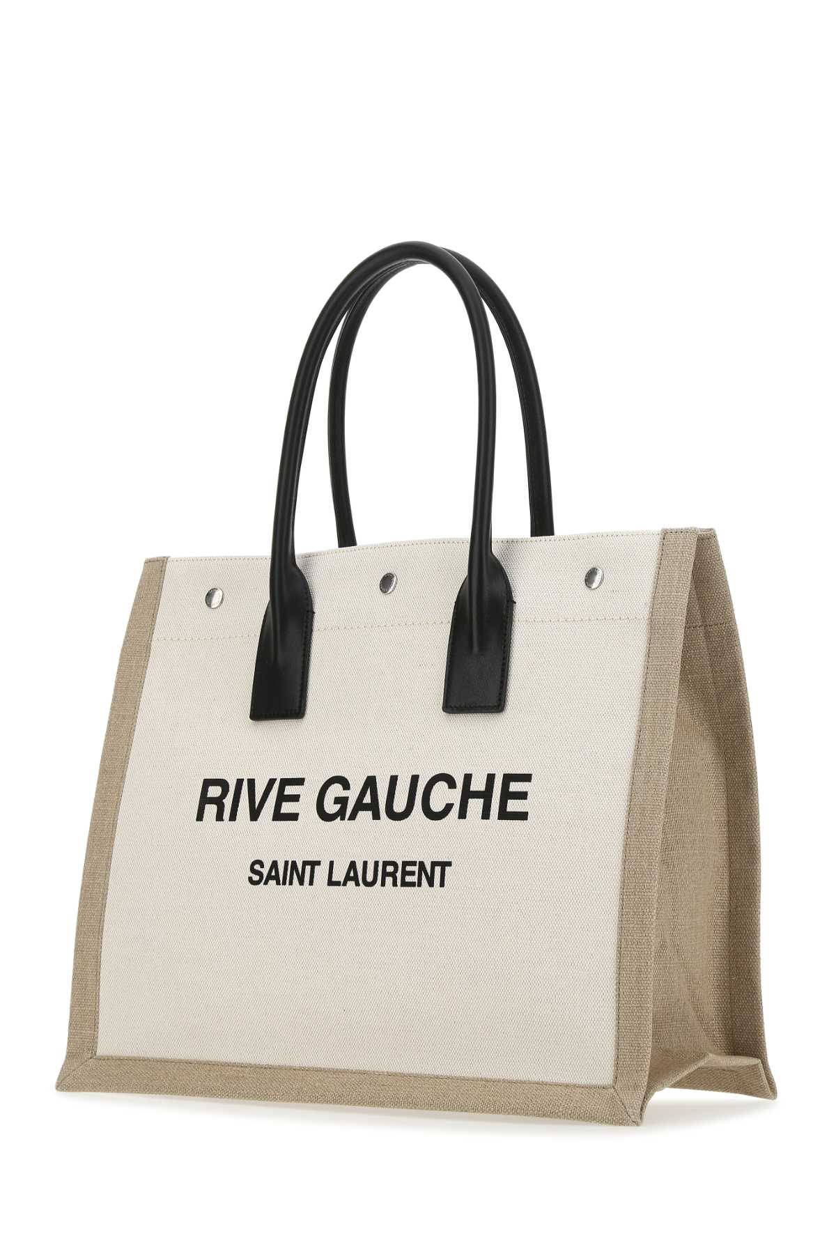 Shop Saint Laurent Sand Canvas Big Rive Gauche Shopping Bag In Gregeblacknatural