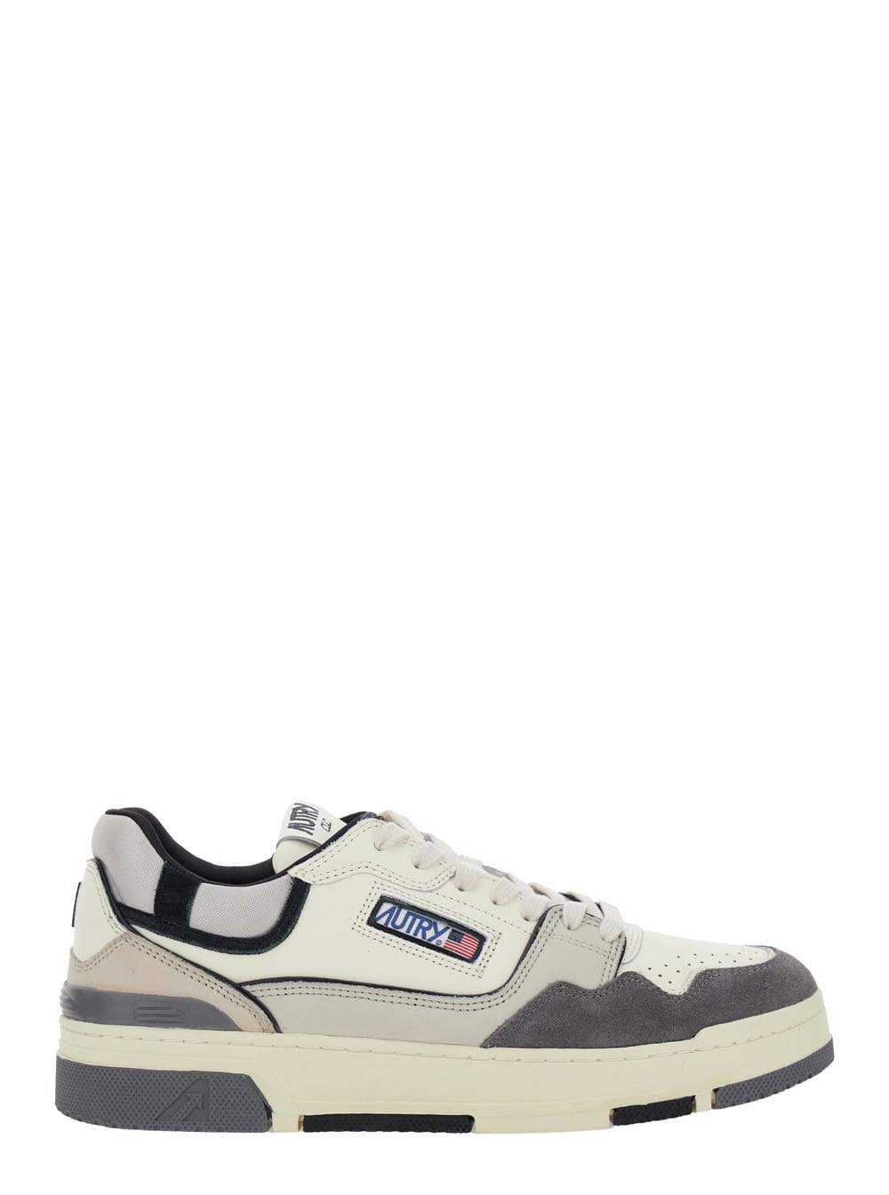 Shop Autry Grey Low Top Sneakers With Logo Patch In Leather And Suede Man