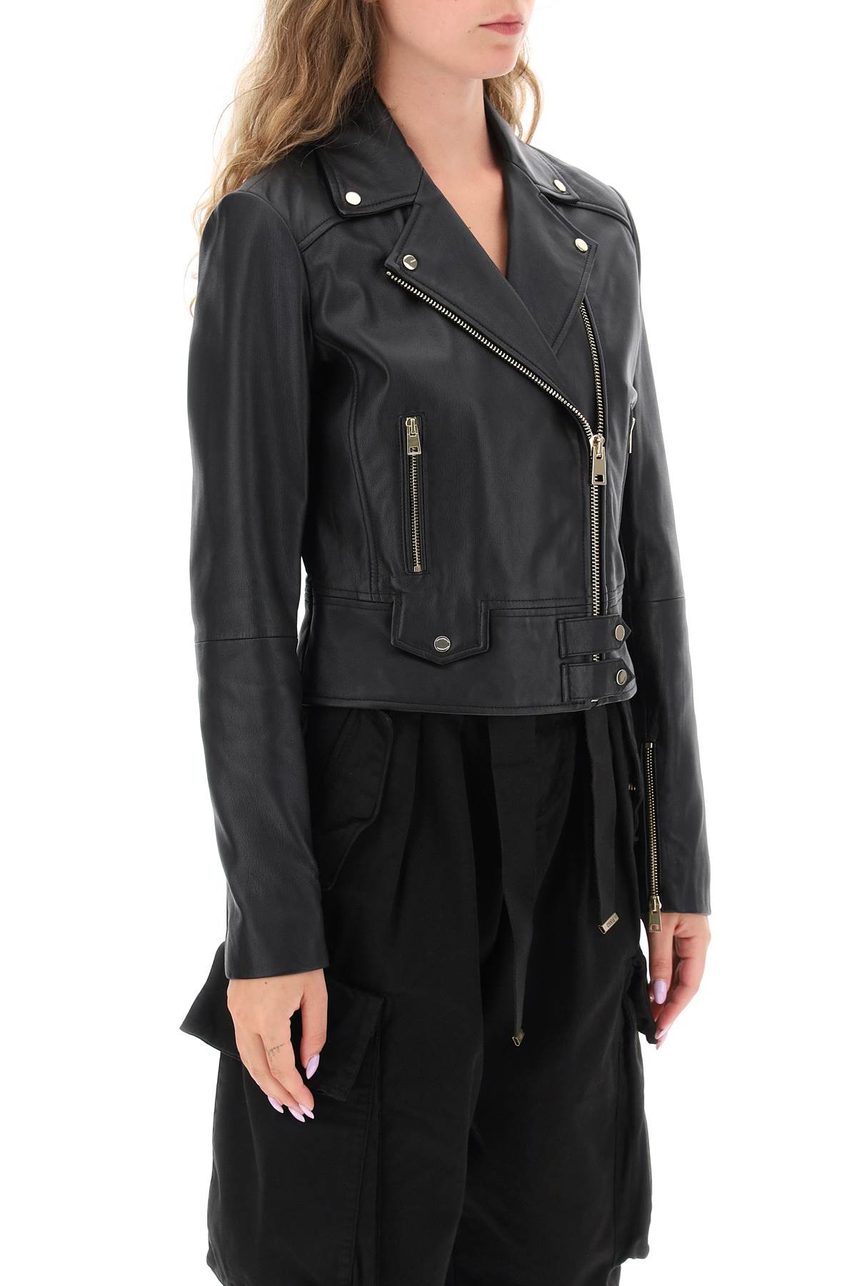 Shop Pinko Sensibile Biker Jacket In Leather In Black