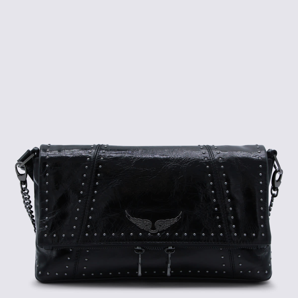Zadig & Voltaire Black Leather Rock Ii Vintage Patent Studs Shoulder Bag In Black