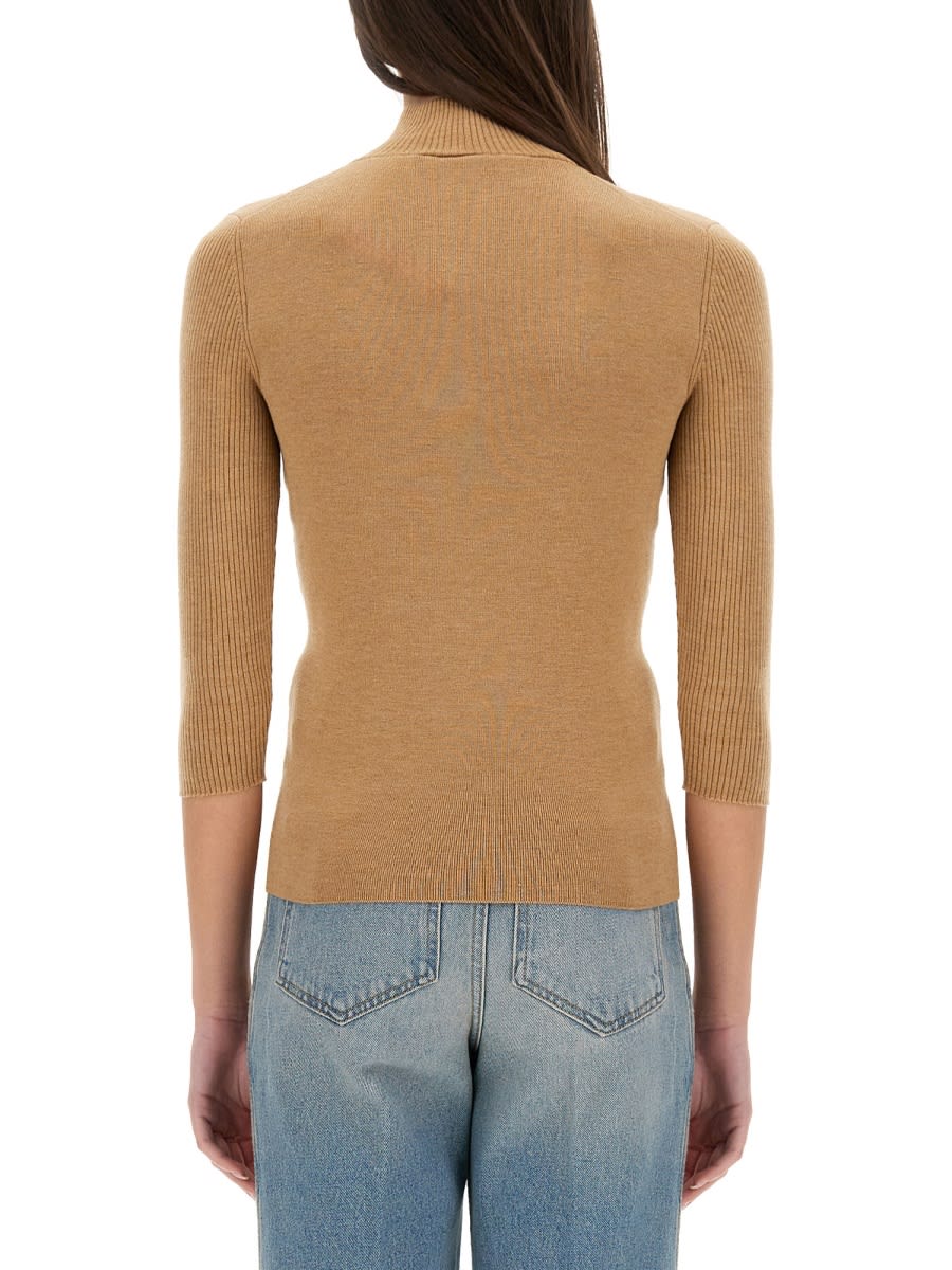 Victoria Beckham Zip Neck Ribbed Knitwear With 3/4 Sleeves In Beige