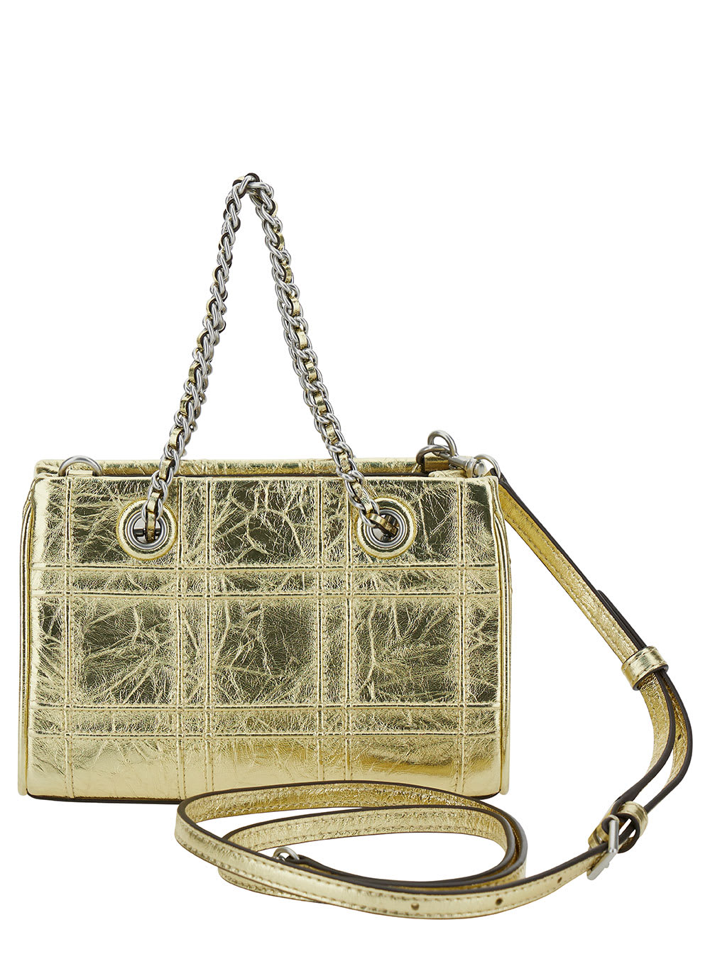 Shop Tory Burch Fleming Soft Mini Gold-colored Shoulder Bag With Embossed Logo In Metallic Leather Woman