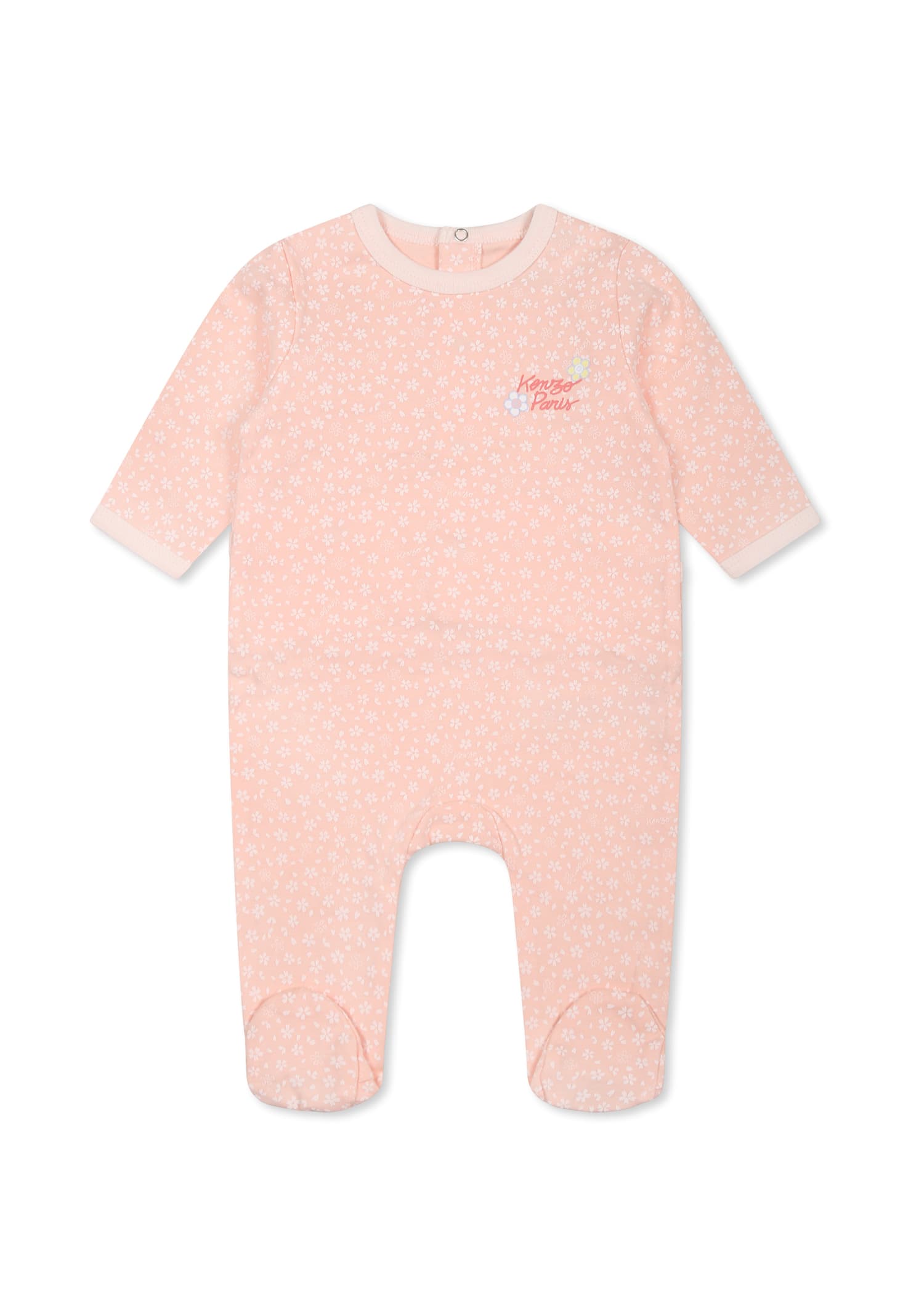 Kenzo Pink Babygrow For Baby Girl With Floral Print In Pink