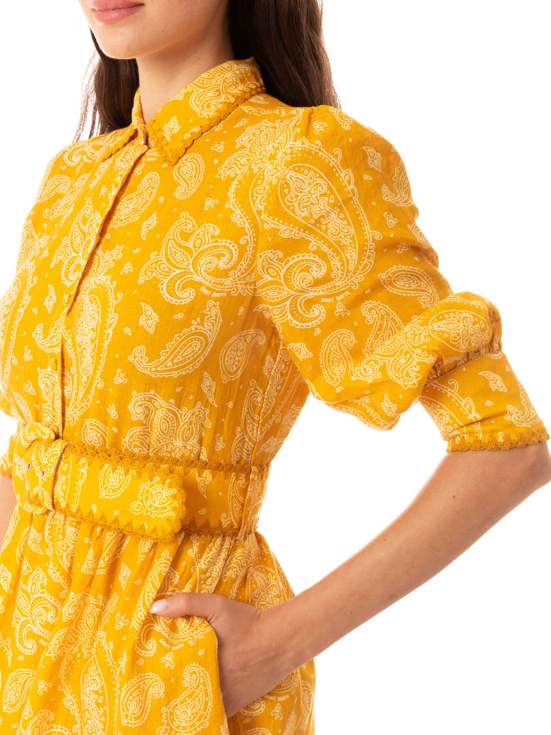 Shop Mc2 Saint Barth Paisley Print Linen Short Dress Daisi In Yellow