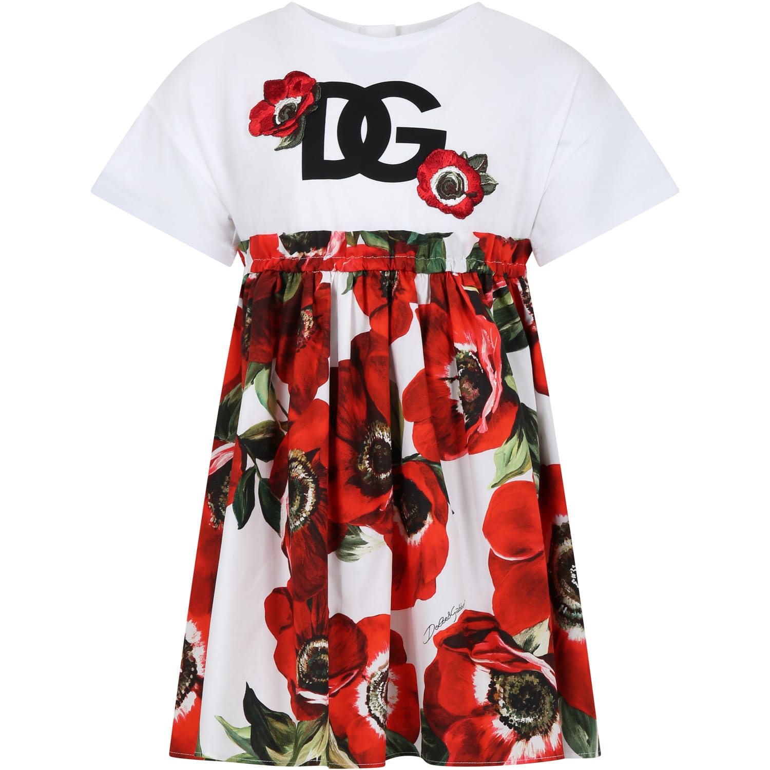 Dolce & Gabbana Kids' Casual White Dress For Girl With Poppies And Logo