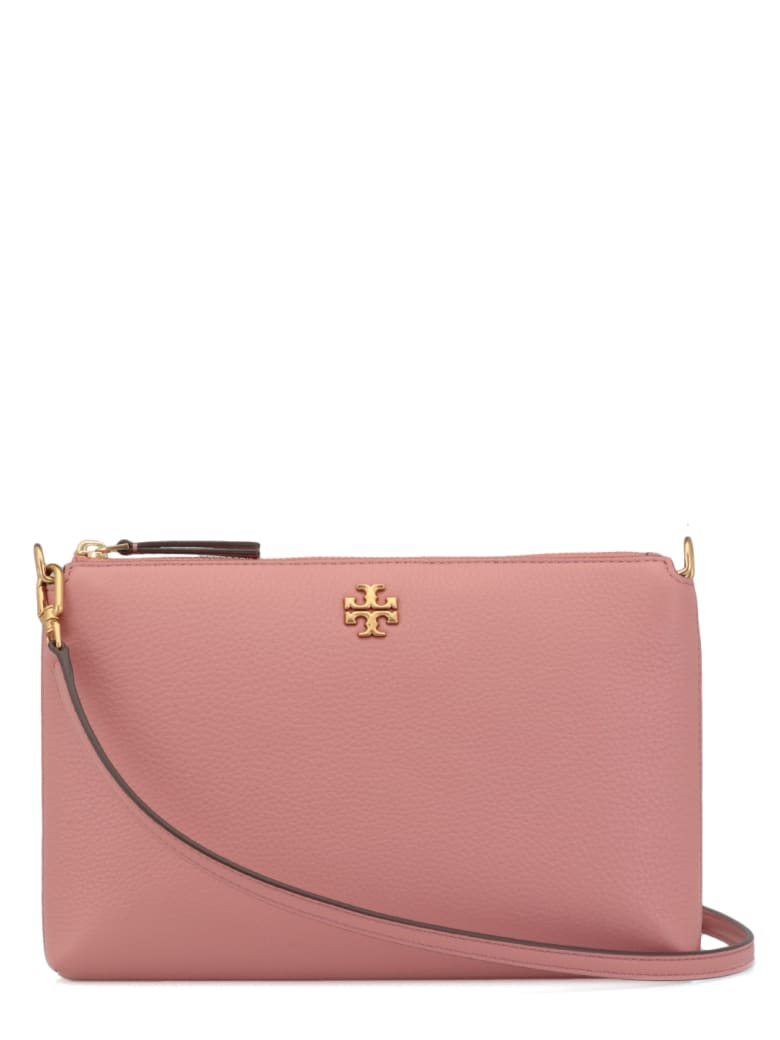 Tory Burch Kira Small Pebbled Leather Top-zip Crossbody In Pink  Magnolia/gold