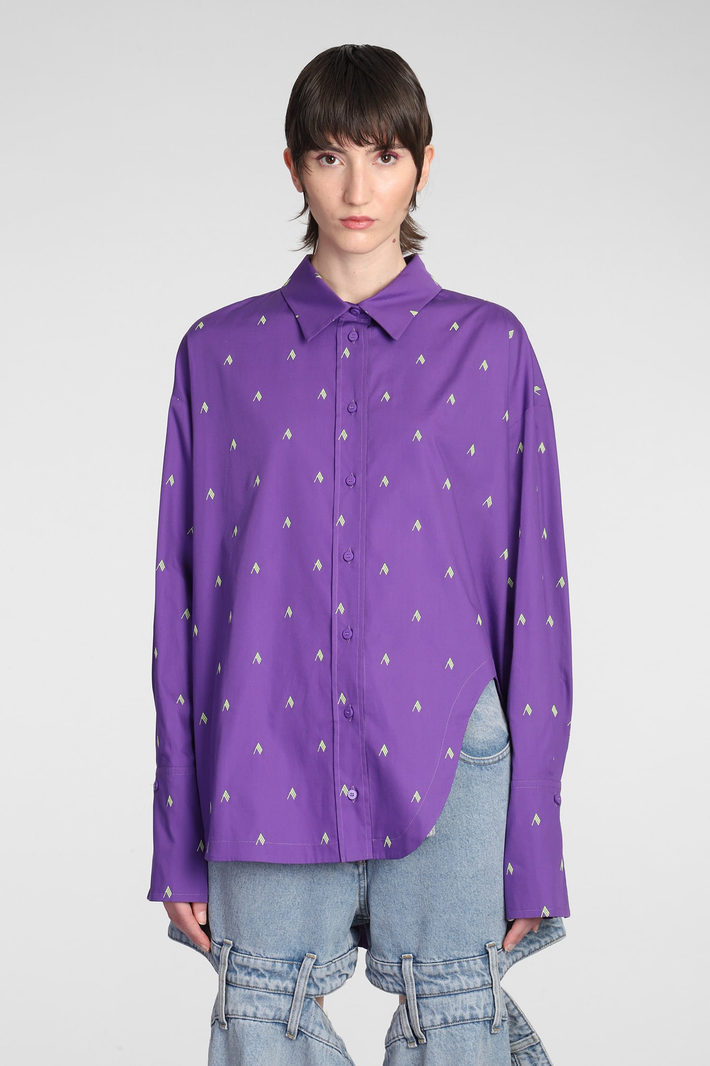 Attico Diana Logo Print Oversize Split Hem Cotton Button-up Shirt In Viola