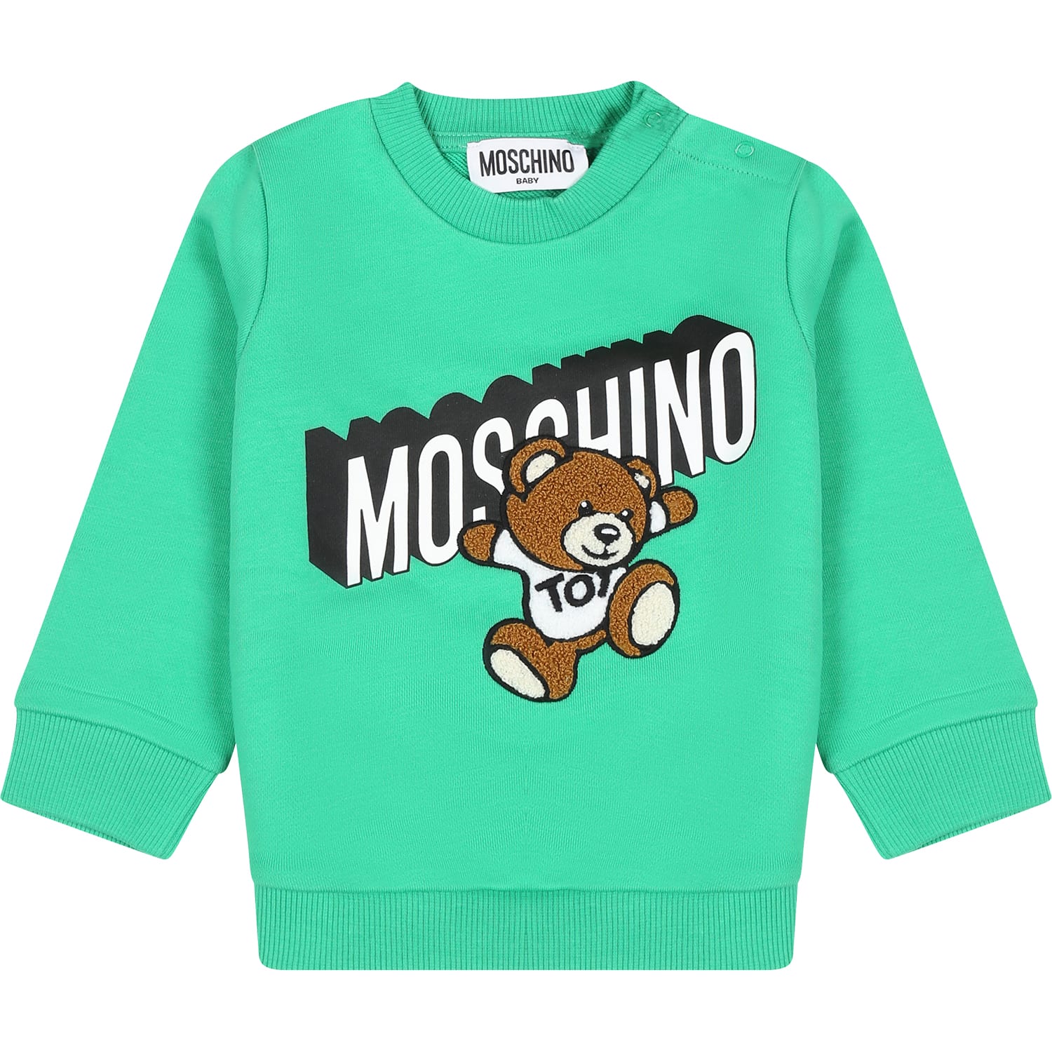 Shop Moschino Green Sweatshirt For Baby Boy With Teddy Bear And Logo