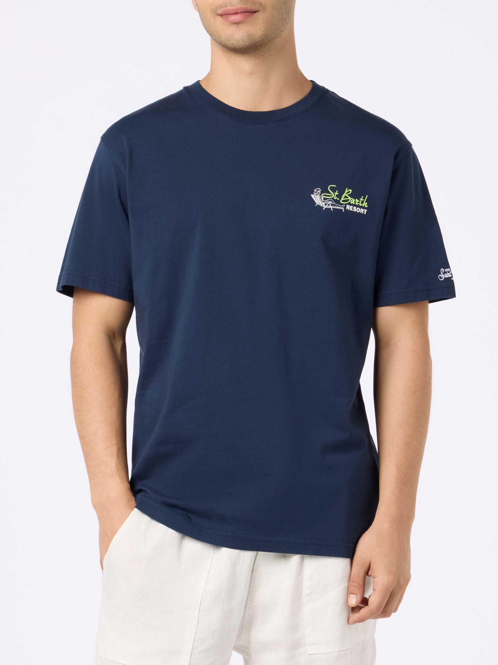 Shop Mc2 Saint Barth Man Cotton T-shirt With St. Barth Resort Placed Print In Blue