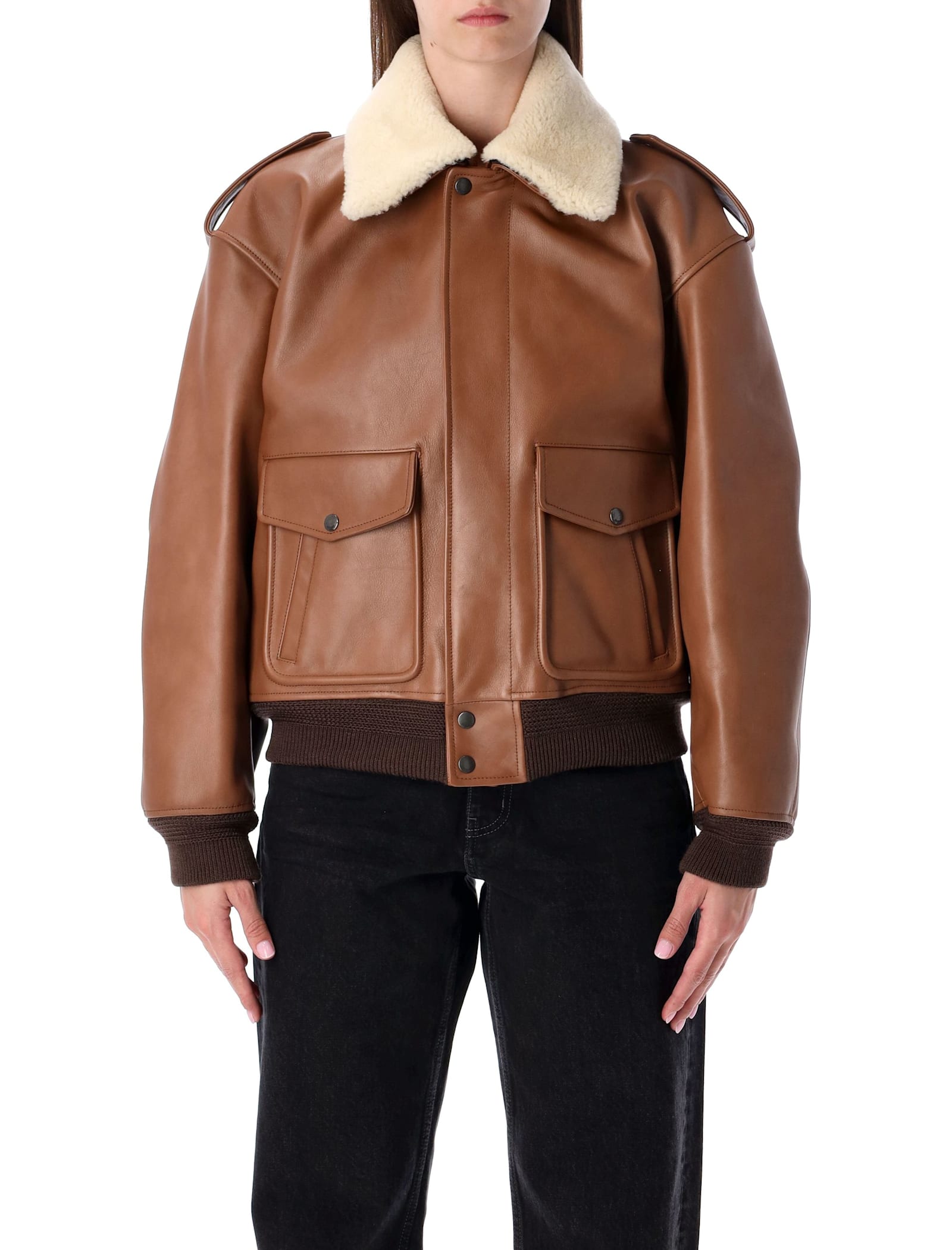 Saint Laurent Brown Leather Bomber Jacket With Shearling Collar In Brown