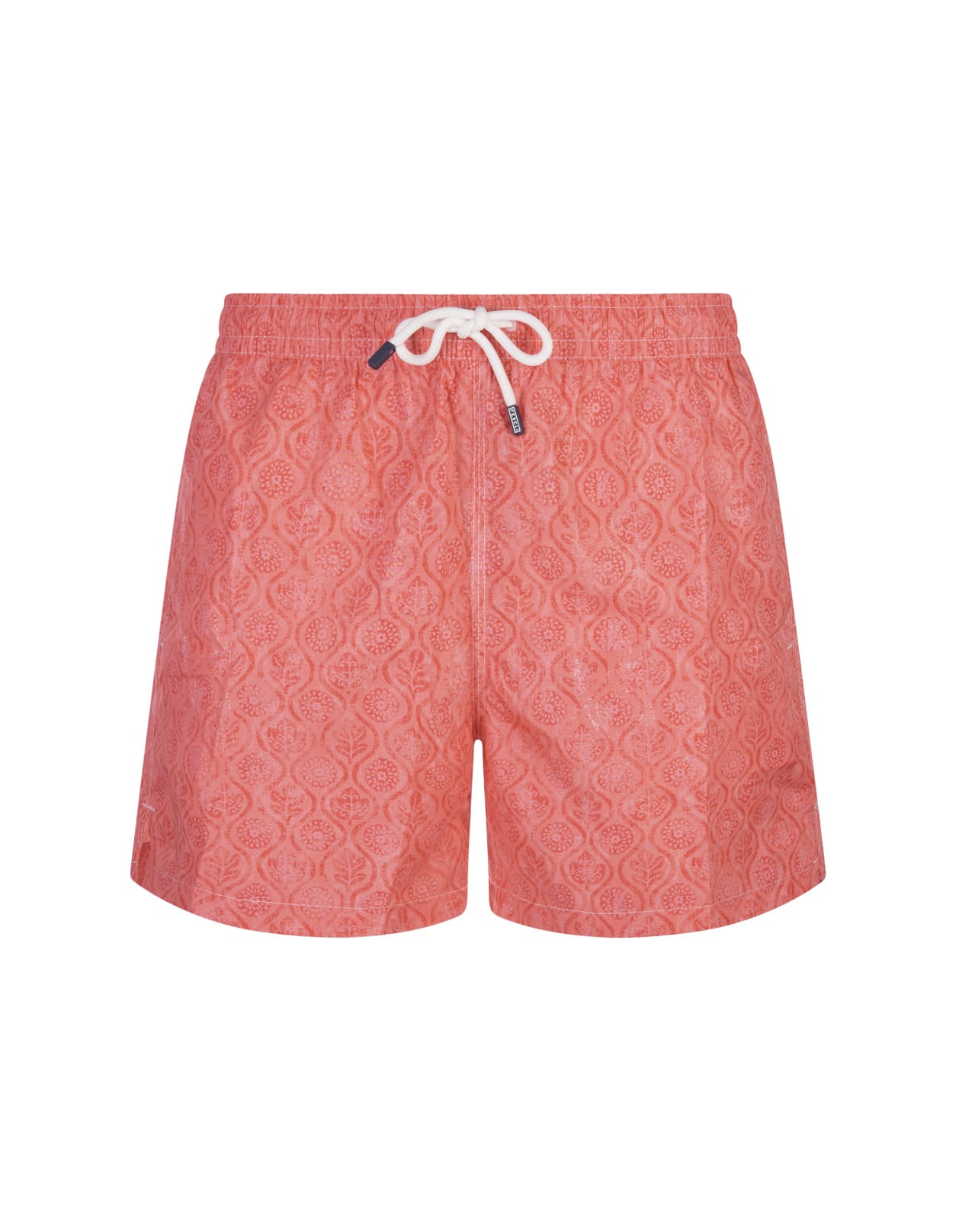 Red Swim Shorts With Flower And Leaf Pattern