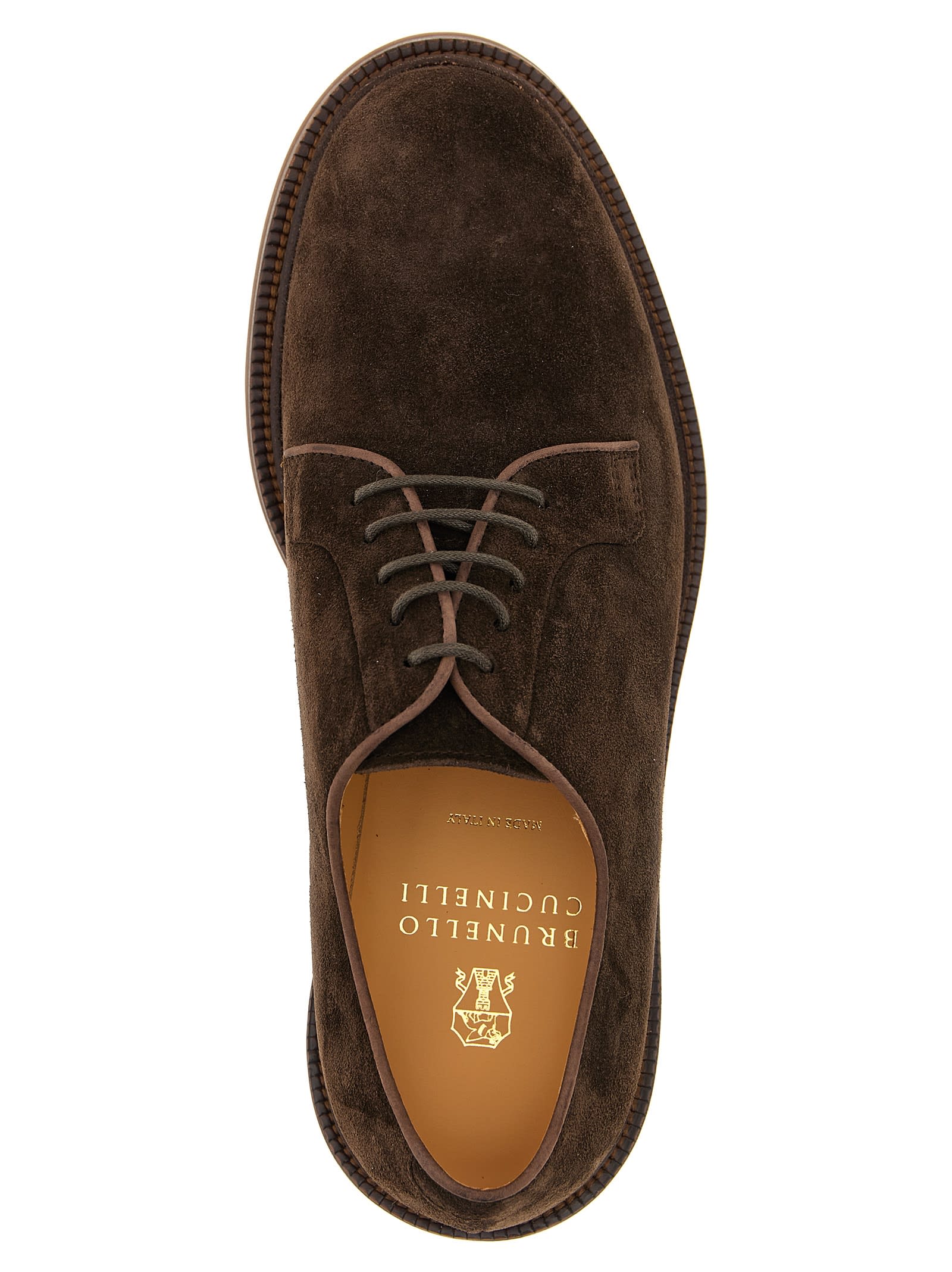 Brunello Cucinelli Classic Brown Suede Derby Shoes In Green