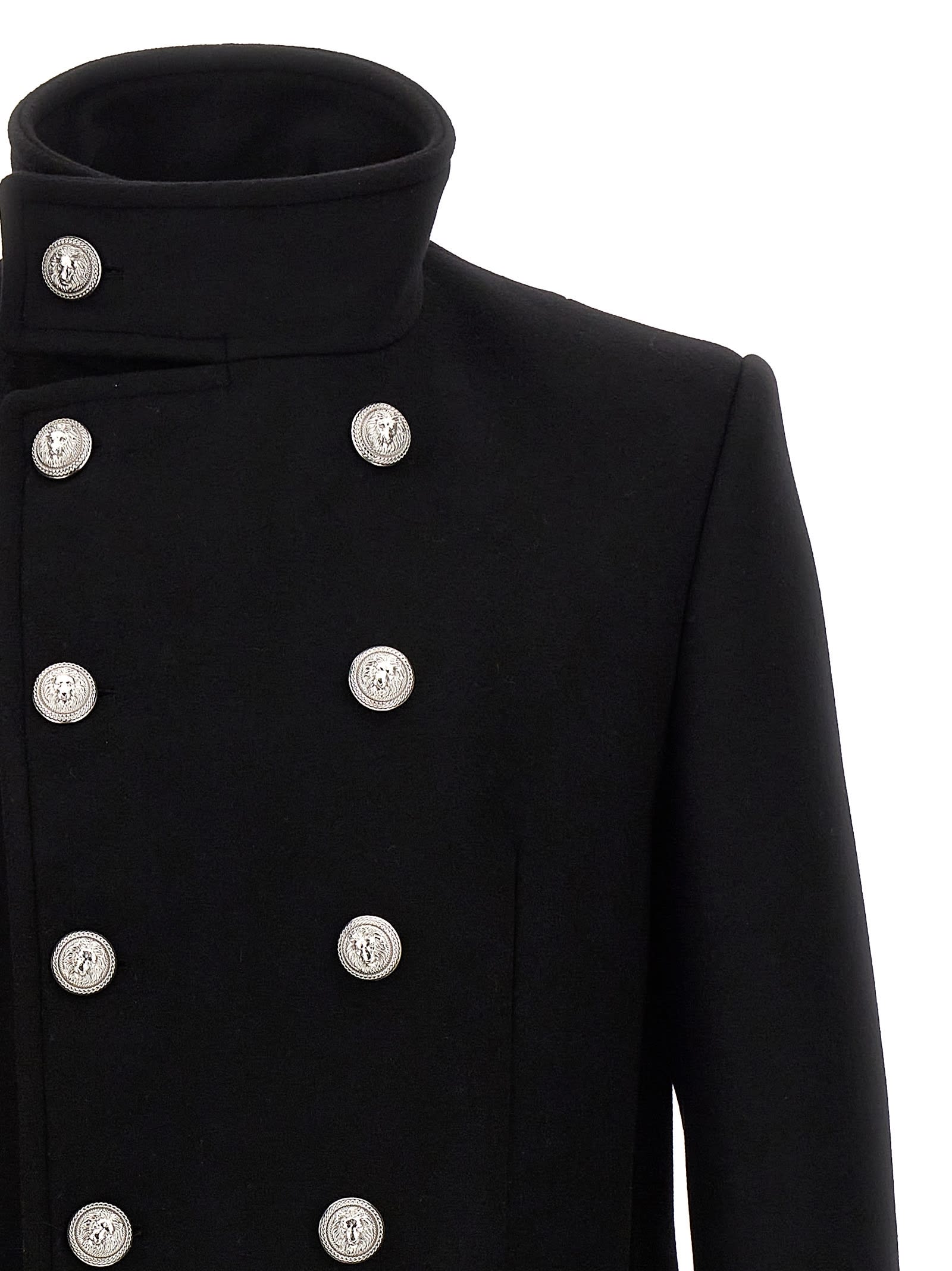 Shop Balmain Officier Wool Coat In Black