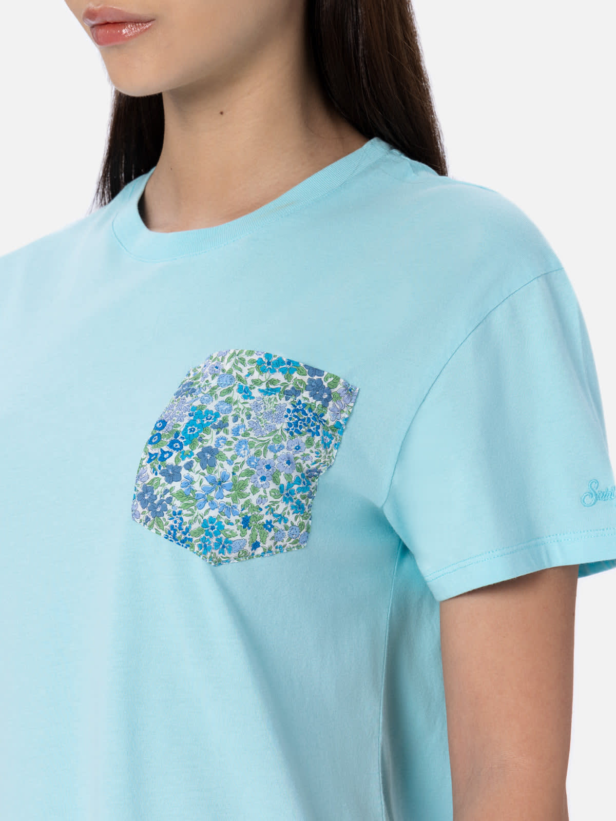 Mc2 Saint Barth Woman Cotton Jersey Crewneck T-shirt Emilie Joanna Luise Patch Pocket Made With Liberty Fabric In Green
