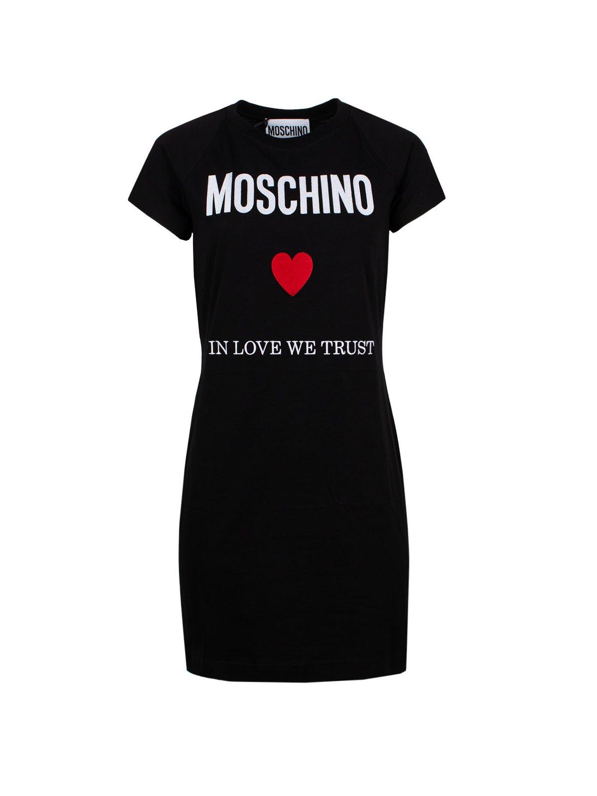 Shop Moschino Logo Embroidered T-shirt Dress In Fantasia Nero