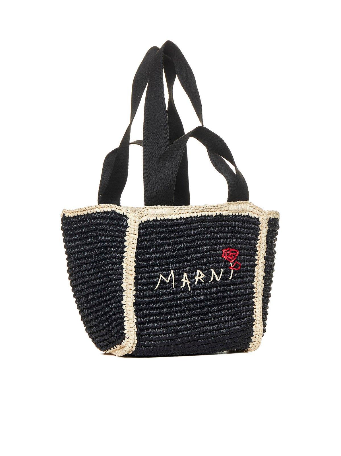 Shop Marni Logo Embroidered Woven Top Handle Tote In Nero/bianco