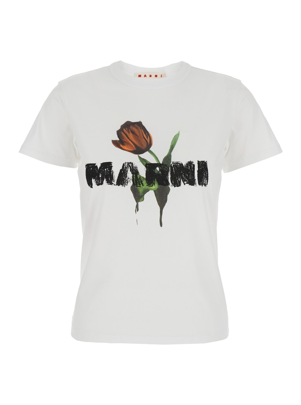 Marni White Crewneck T-shirt With Logo Lettering And Logo Print On The Front