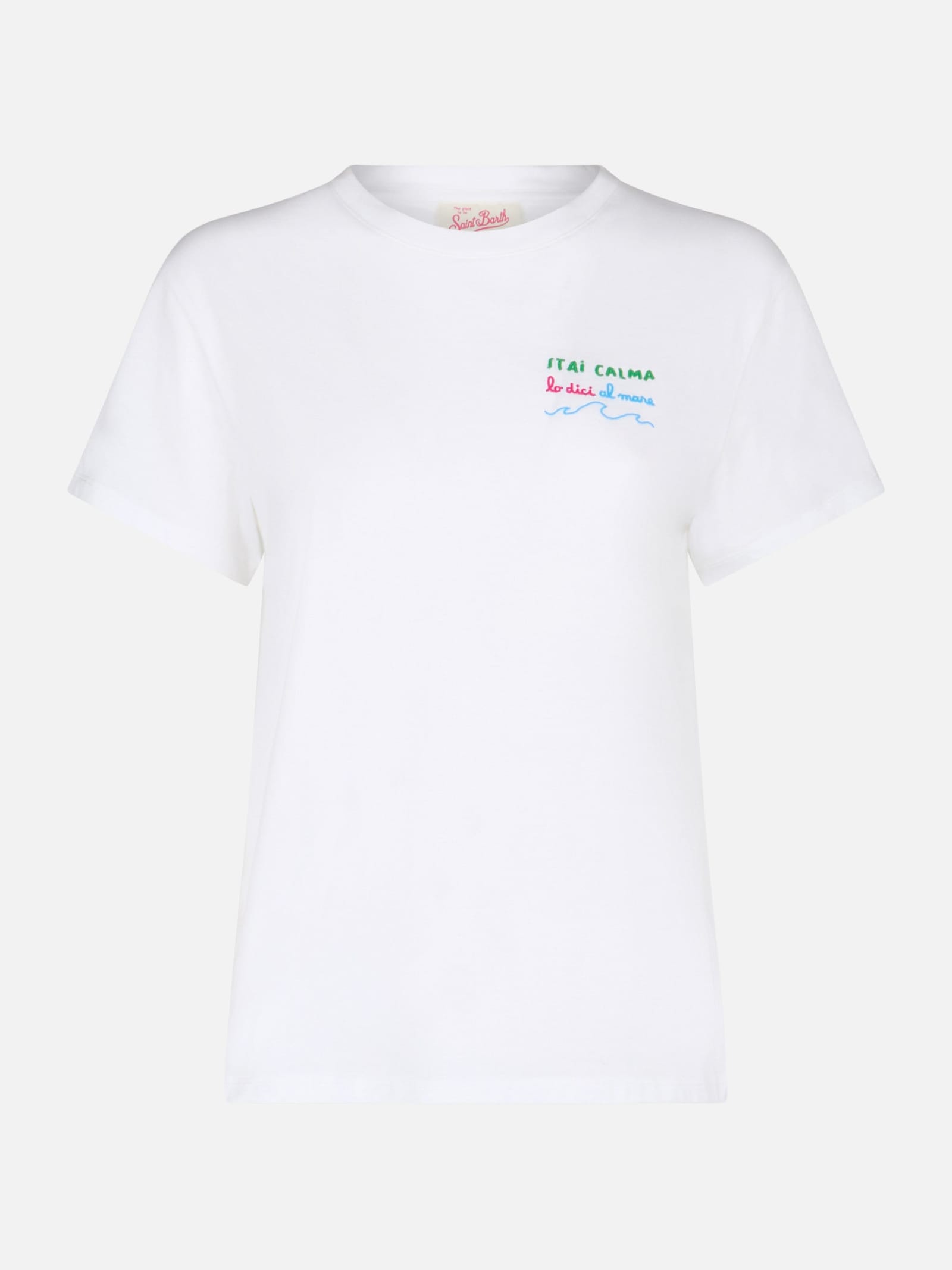 MC2 SAINT BARTH WOMAN COTTON JERSEY CREWNECK T-SHIRT EMILIE WITH STAI CALMA LO DICI AL MARE EMBROIDERY
