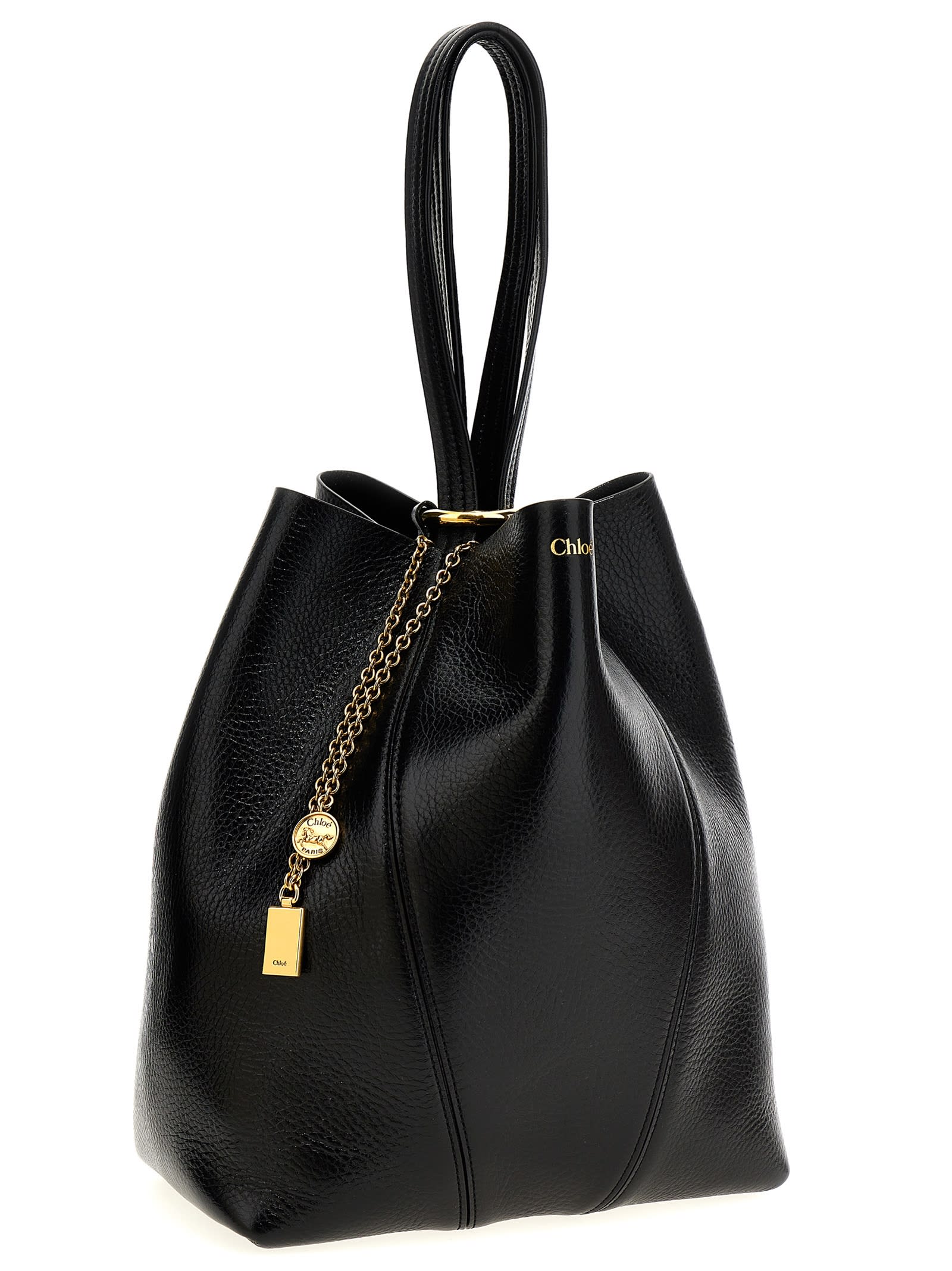 Chloé Large Leather Shopping Bag With Metal Charm In Black