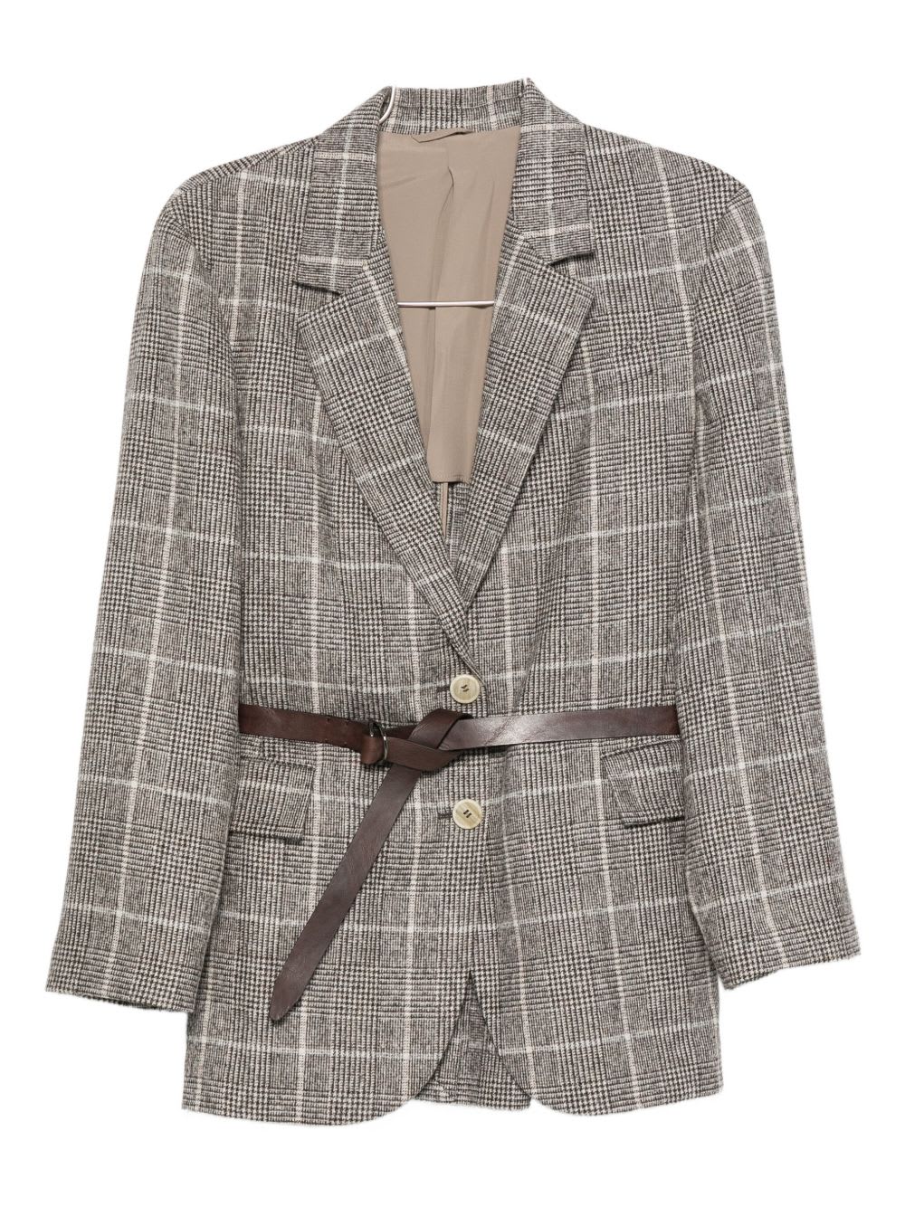 Brunello Cucinelli Belted Checked Wool Jacket With Pockets In Gray