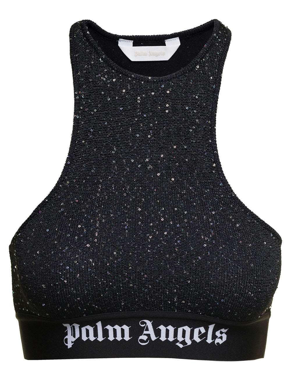 Shop Palm Angels Black Soiree Knitted Top With Contrasting Logo In Viscose Blend Woman