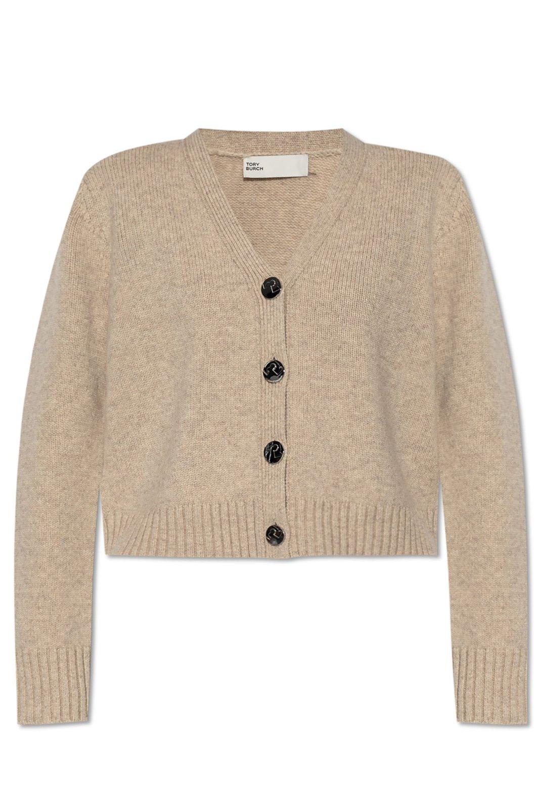 Shop Tory Burch V-neck Buttoned Knitted Cardigan In Oatmeal