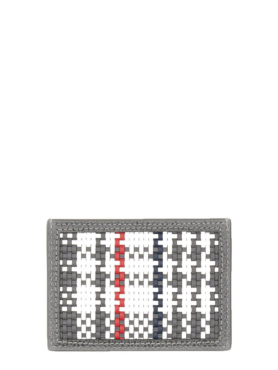 Shop Thom Browne Woven Leather Card Case In Grey