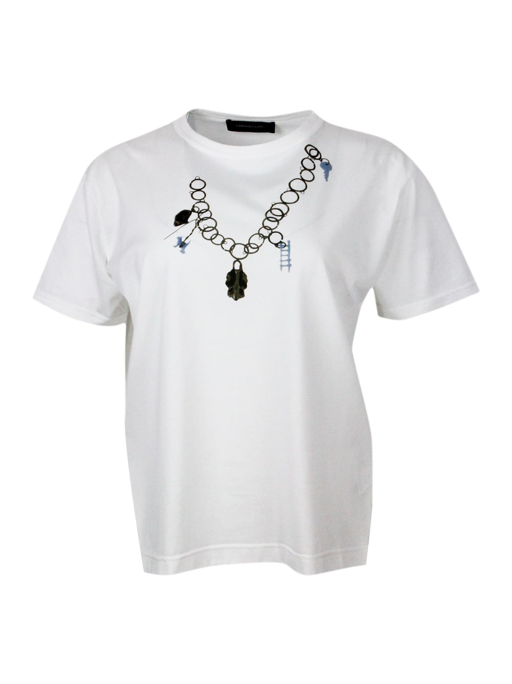 Shop Fabiana Filippi Short-sleeved Crew-neck T-shirt In Fine Cotton Jersey With Chain Print In White