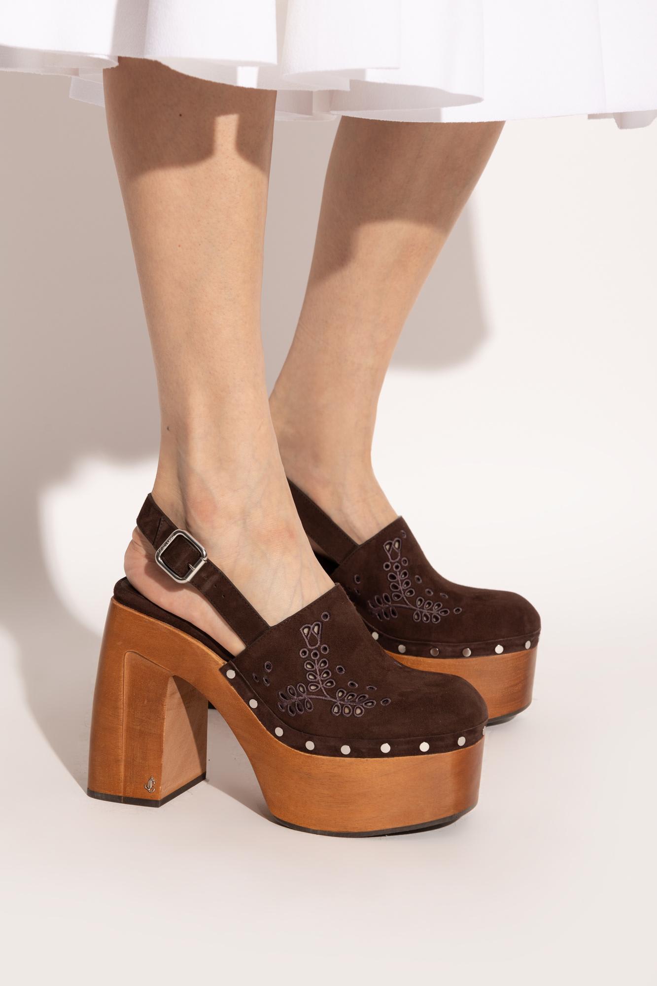 Jimmy Choo Alida 135 Embroidered Studded Suede Platform Clogs In Brown