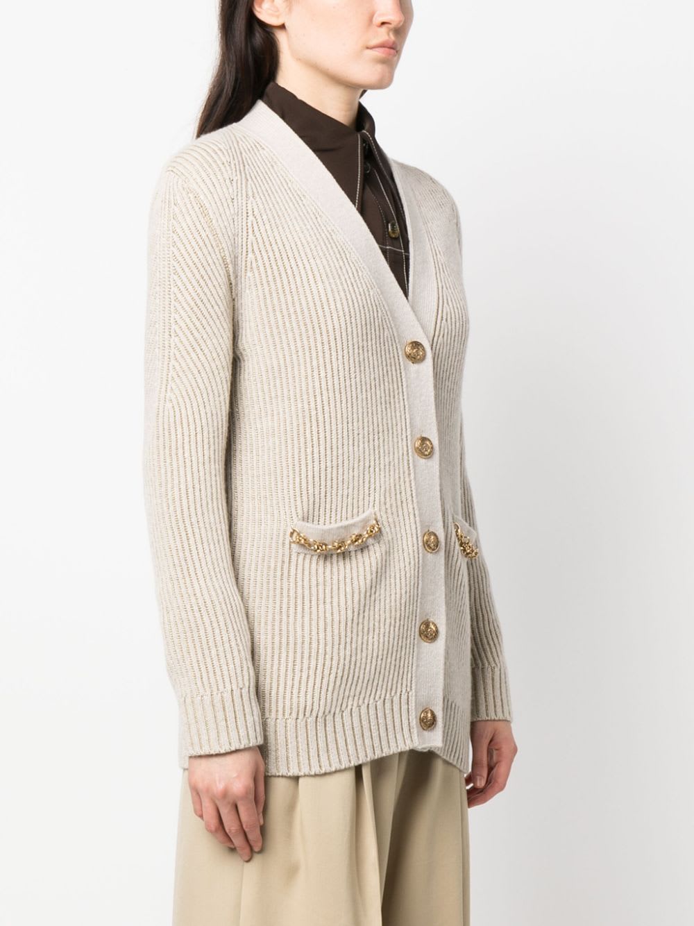 Shop Golden Goose Wool Ribbed Jacquard Cardigan In Naturale