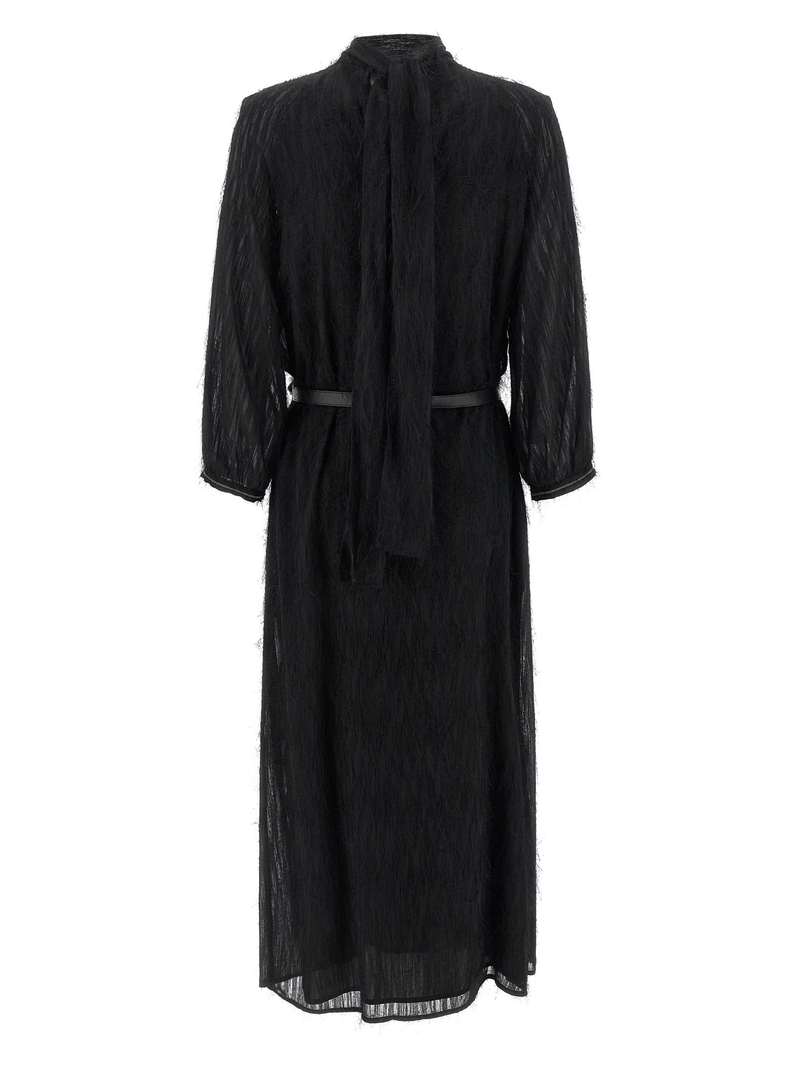 Peserico Textured Dress With Belted Waist And Sleeves In Black