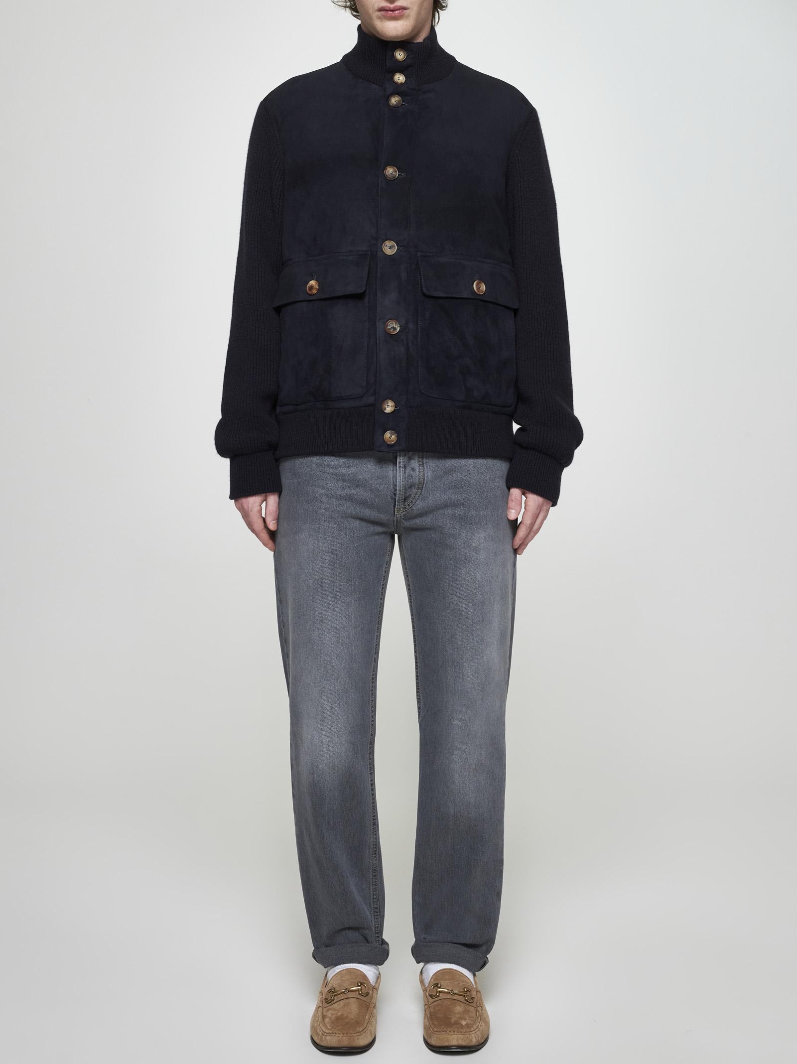 Shop Brunello Cucinelli Suede And Knit Bomber Jacket In Blue