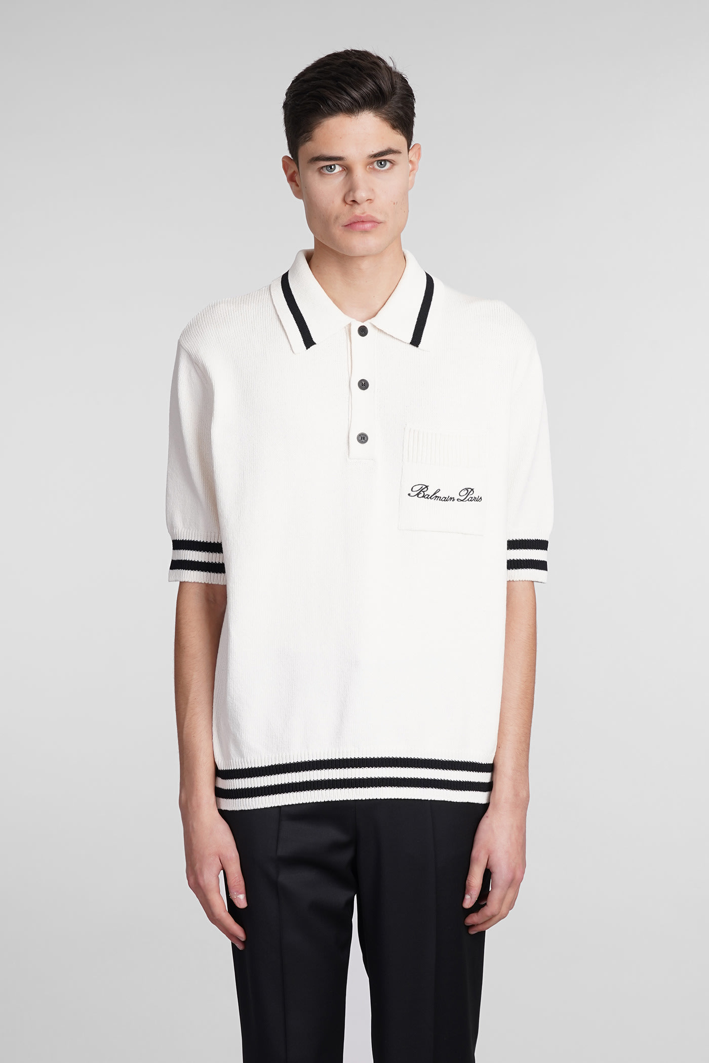 BALMAIN POLO IN BEIGE WOOL AND POLYESTER