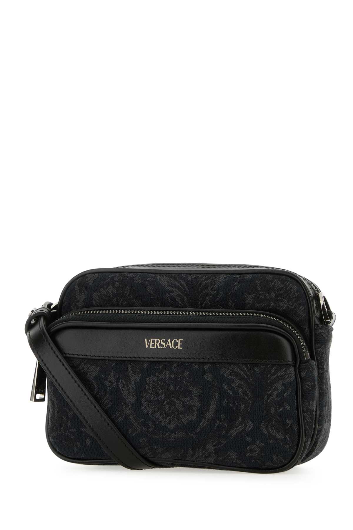 Versace Embroidered Fabric Athena Crossbody Bag In Blackblackruthenium