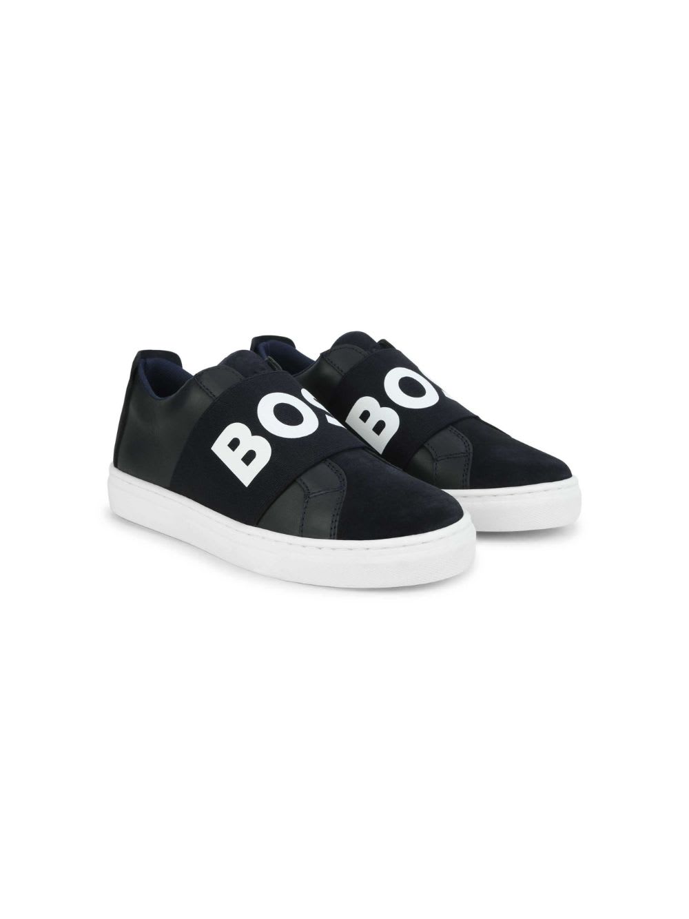 Hugo Boss Kids'  Sneakers Blu Navy In Pelle Bambino In Black