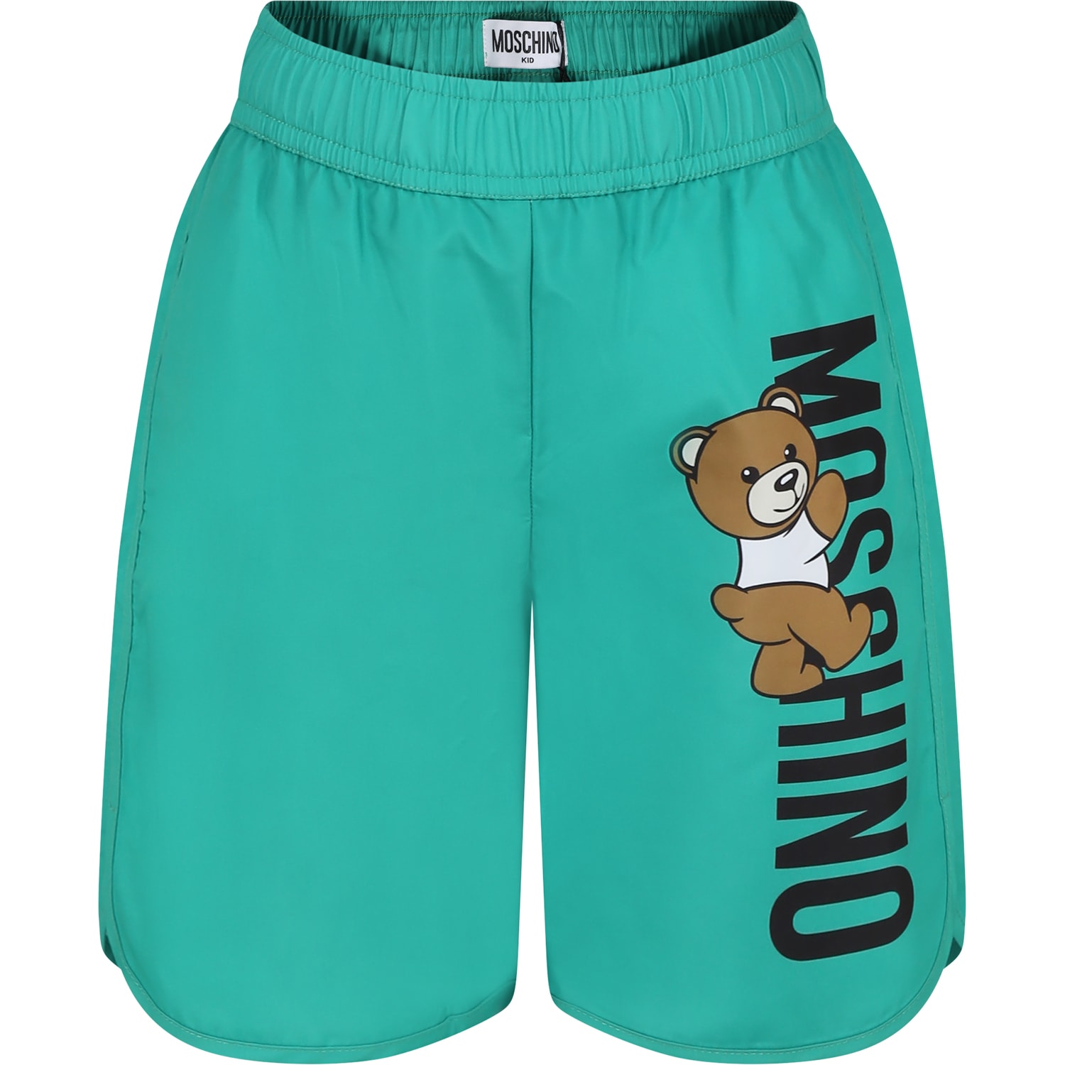 Shop Moschino Green Swim Shorts For Boy With Teddy Bear And Logo