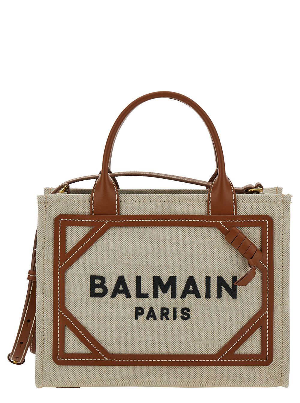 Shop Balmain B-army Mini Beige Tote Bag With Logo Detail In Canvas Woman