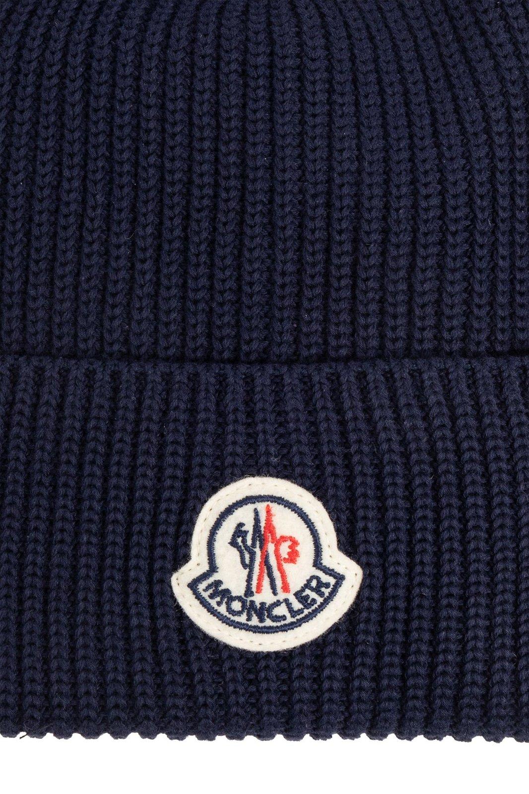 Shop Moncler Logo Patch Ribbed-knit Beanie In Blue