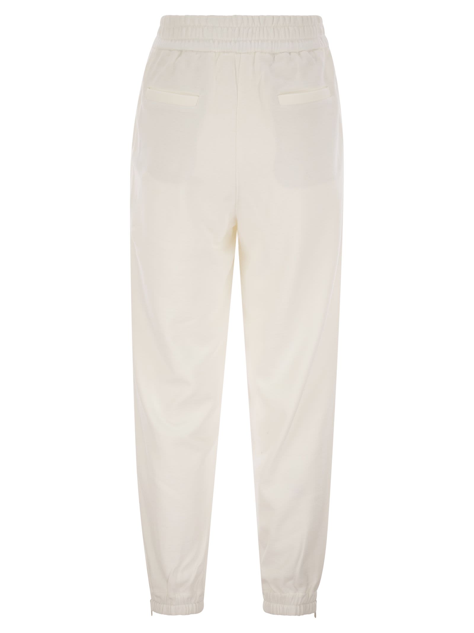 Shop Brunello Cucinelli Track Trousers In Cotton Fleece Smooth With Precious Zipper Cuffs In White