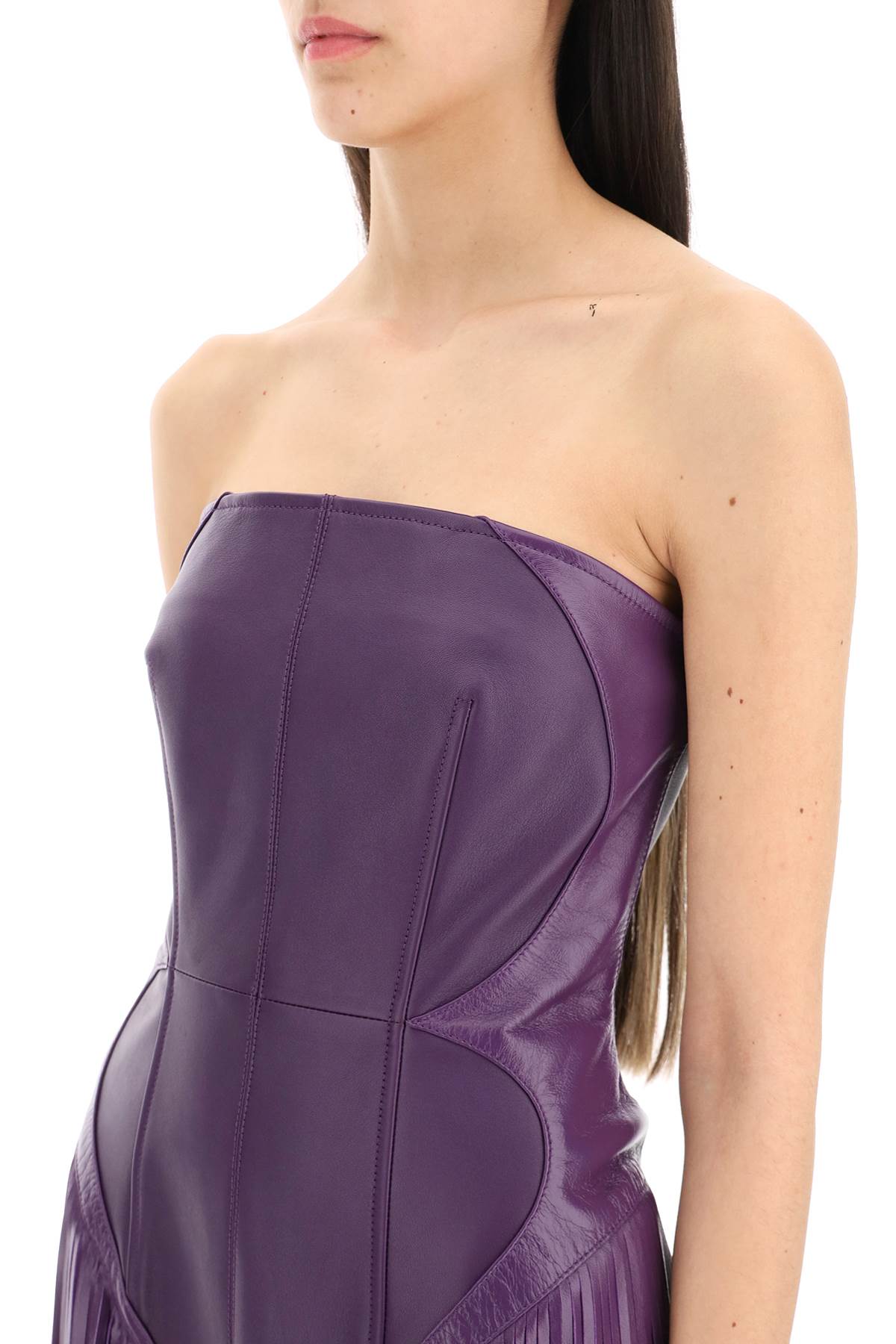 Shop Versace Fringed Leather Minidress In Bright Dark Orchid (purple)