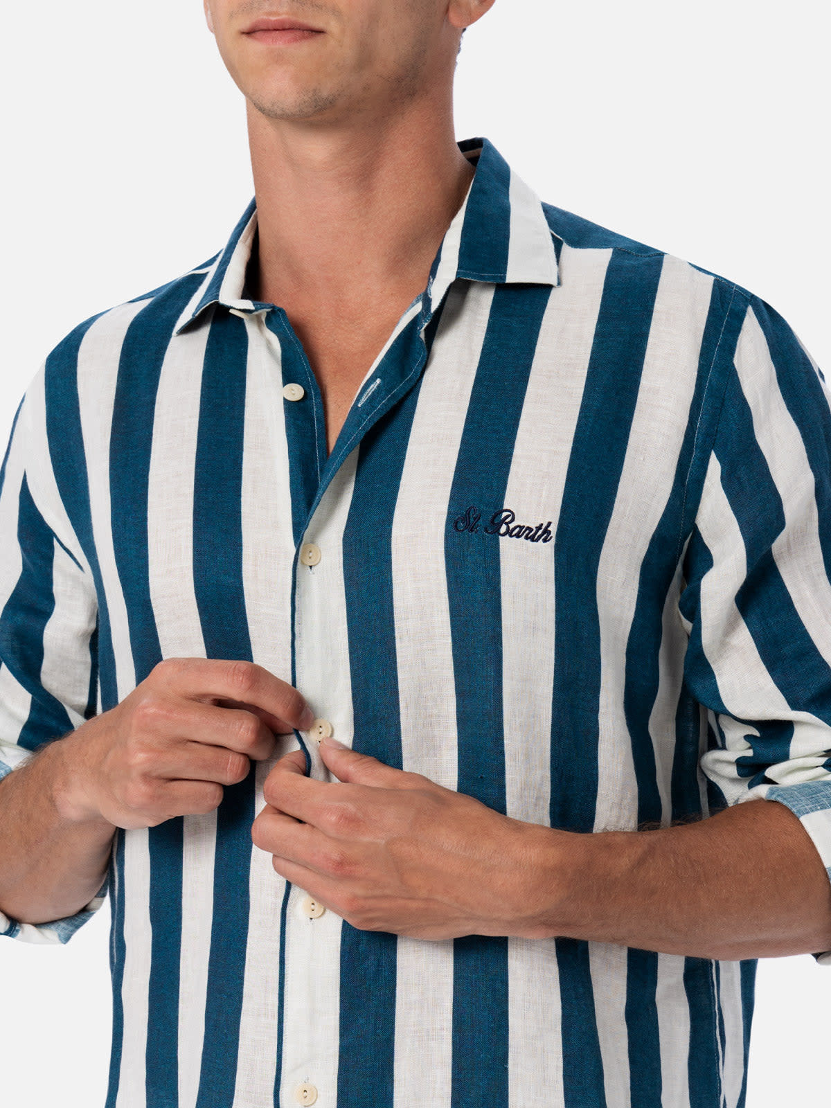 Mc2 Saint Barth Man Navy Blue Striped Linen Shirt Pamplona In Blue
