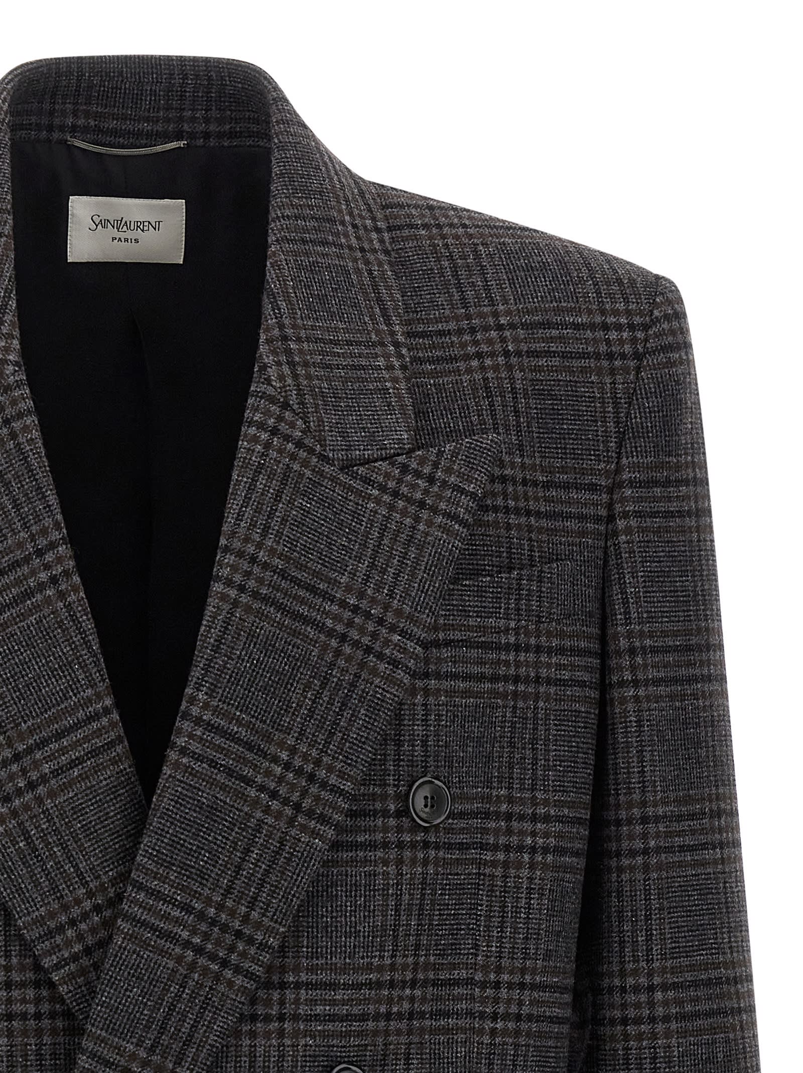 Saint Laurent Double-breasted Blazer Featuring Structured Shoulders In Gray