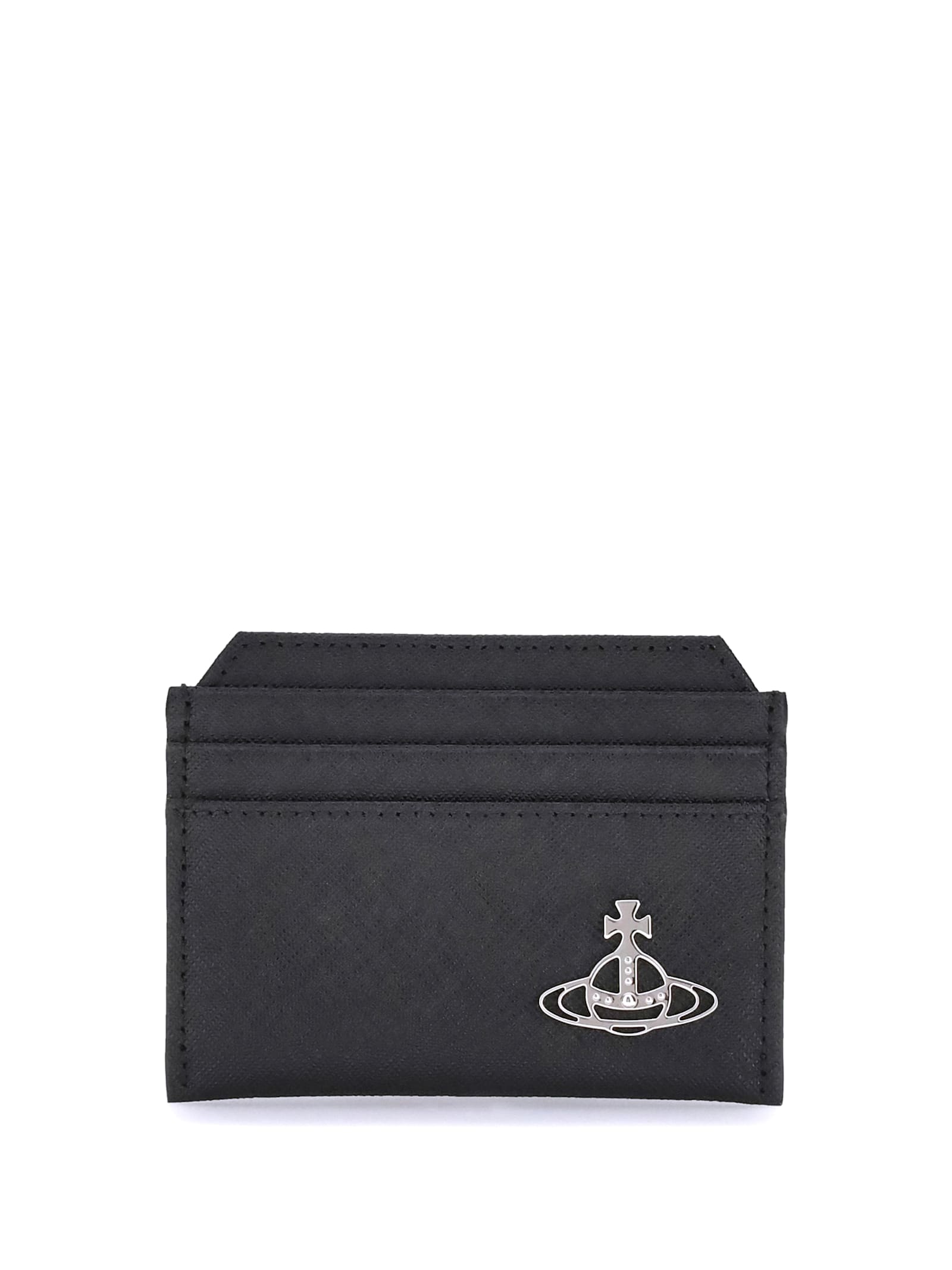 Vivienne Westwood Black Card Holder With Orb Detail On The Front In Grained Leather Woman