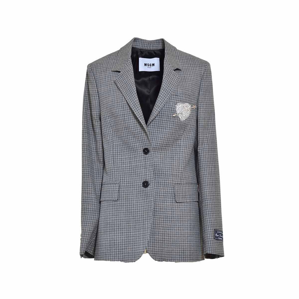 Msgm Embellished Single Breasted Checked Blazer In Grey