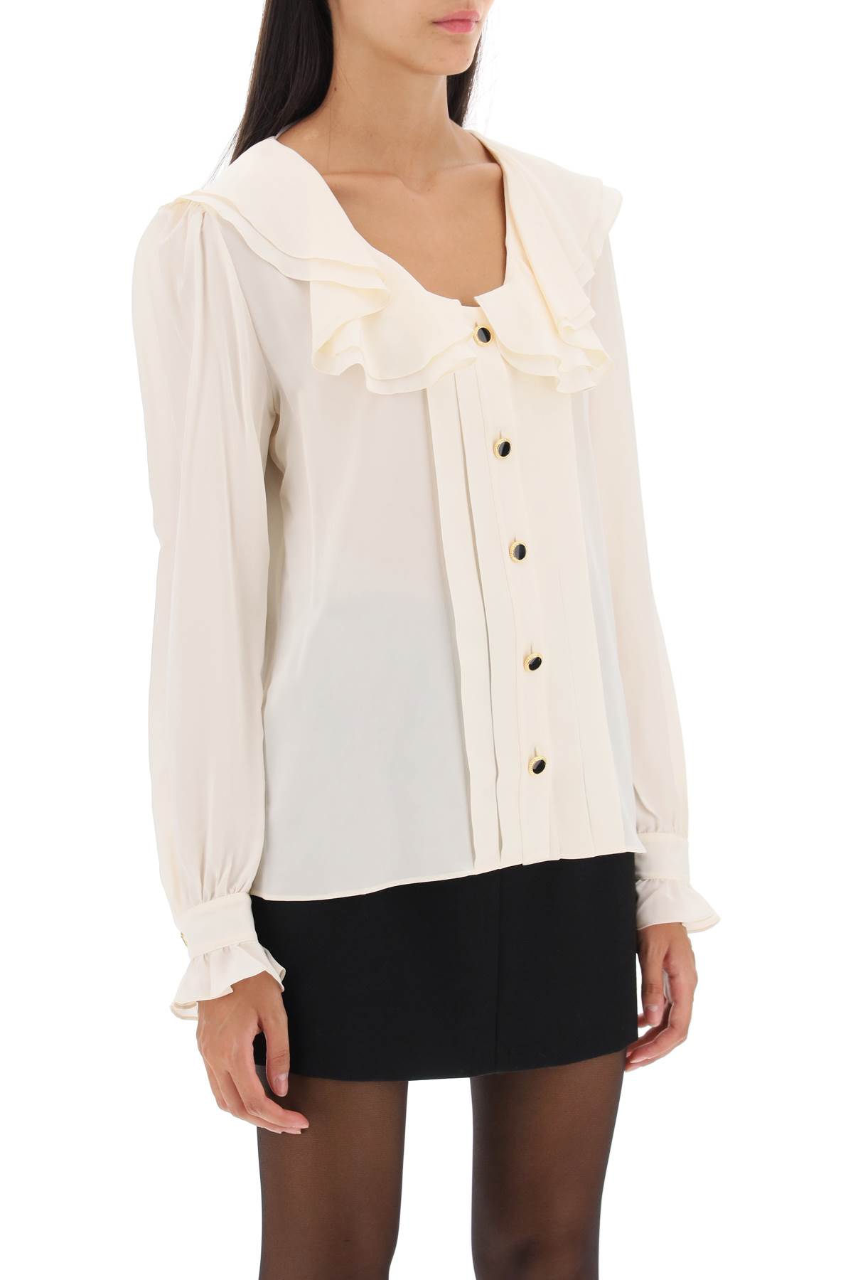 Shop Alessandra Rich Crepe De Chine Blouse With Frills In Cream (white)