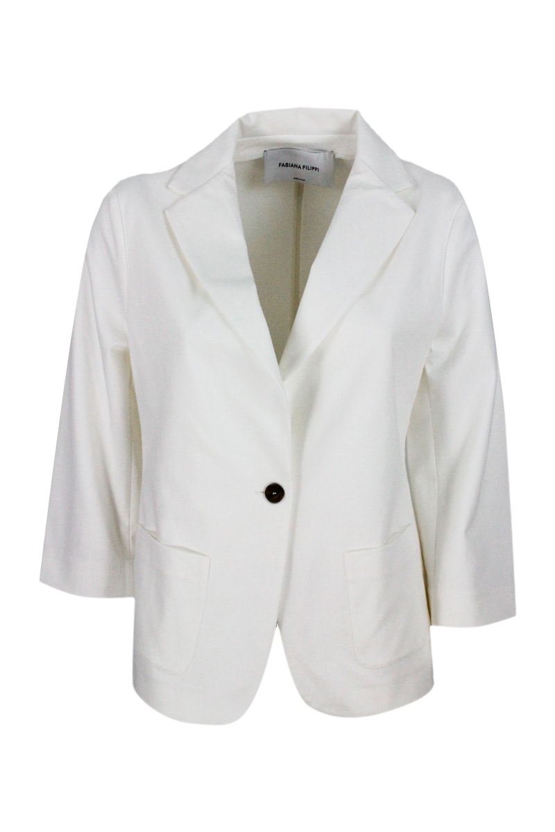 Shop Fabiana Filippi Single-breasted Blazer Jacket In Stretch Cotton Jersey With Three-quarter Sleeves Embellished With S In White