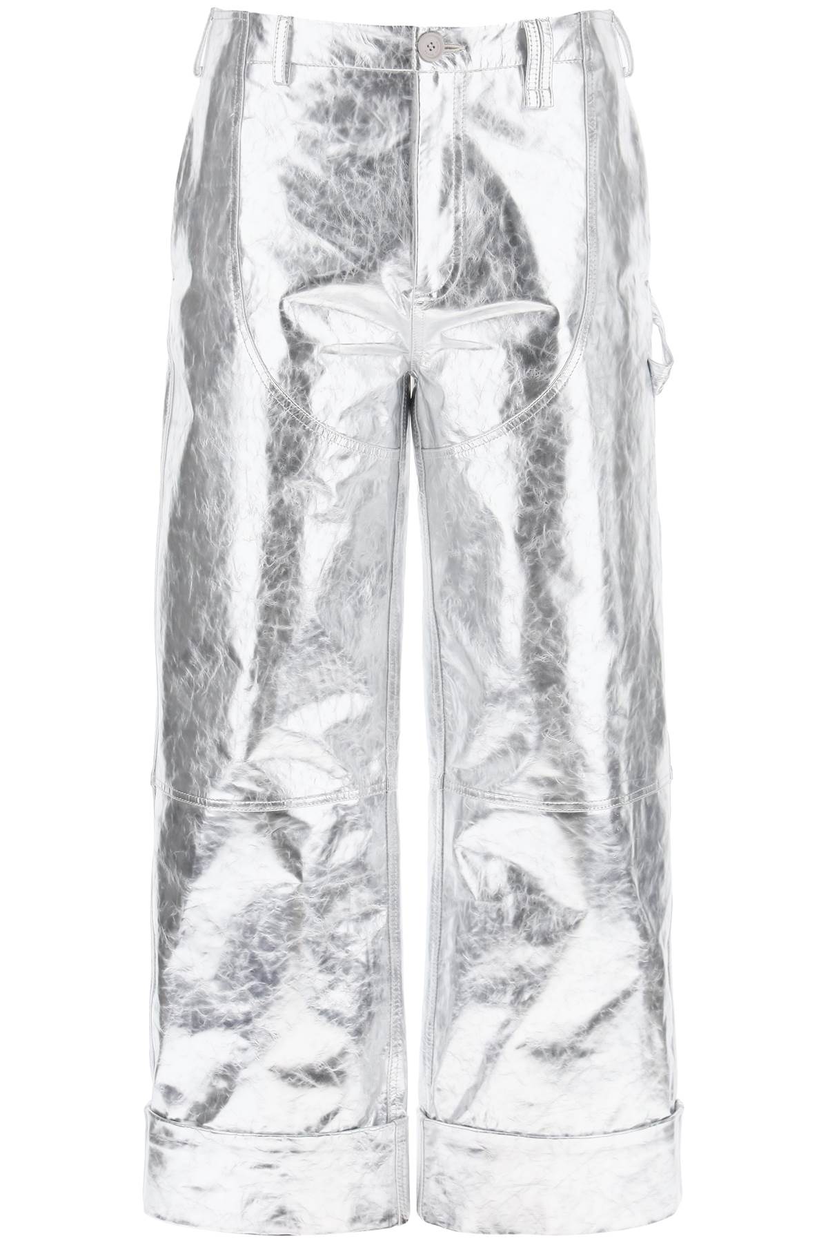 Shop Simone Rocha Laminated Leather Pants With Folded Hem In Silver (silver)