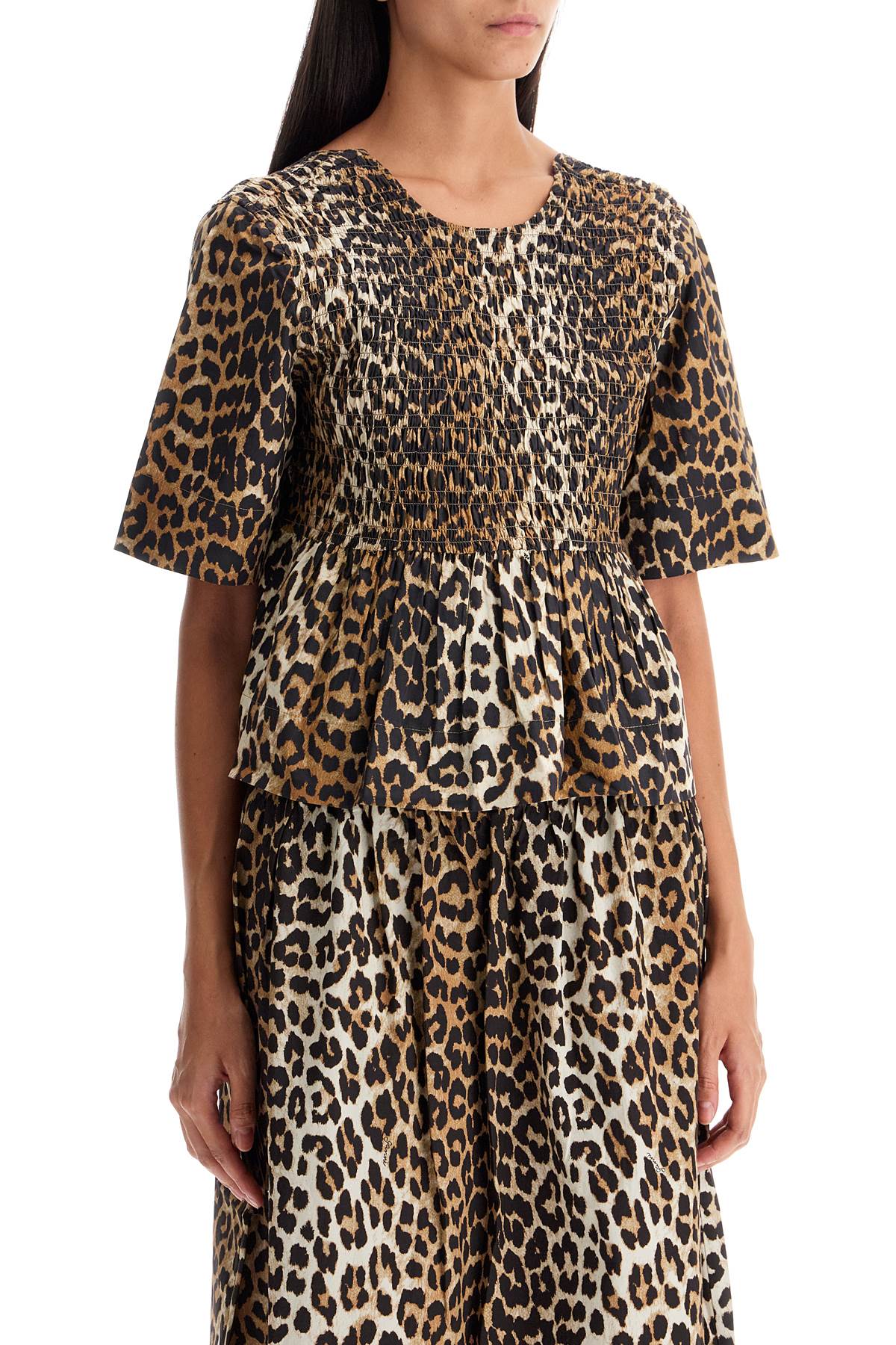 Shop Ganni Organic Cotton Top Smock For In Leopard (beige)