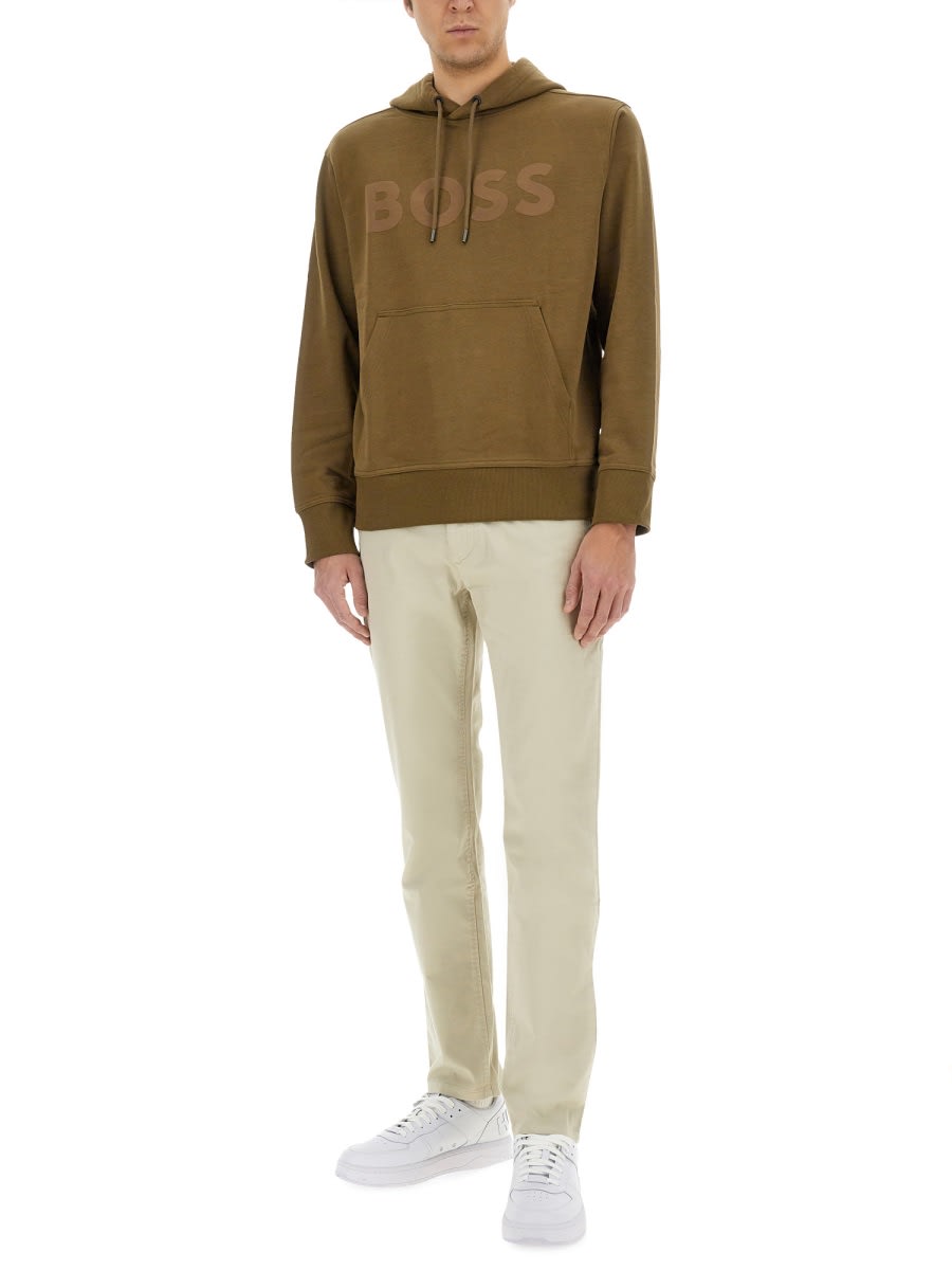 Hugo Boss Logo-plaque Straight-leg Trousers In Beige